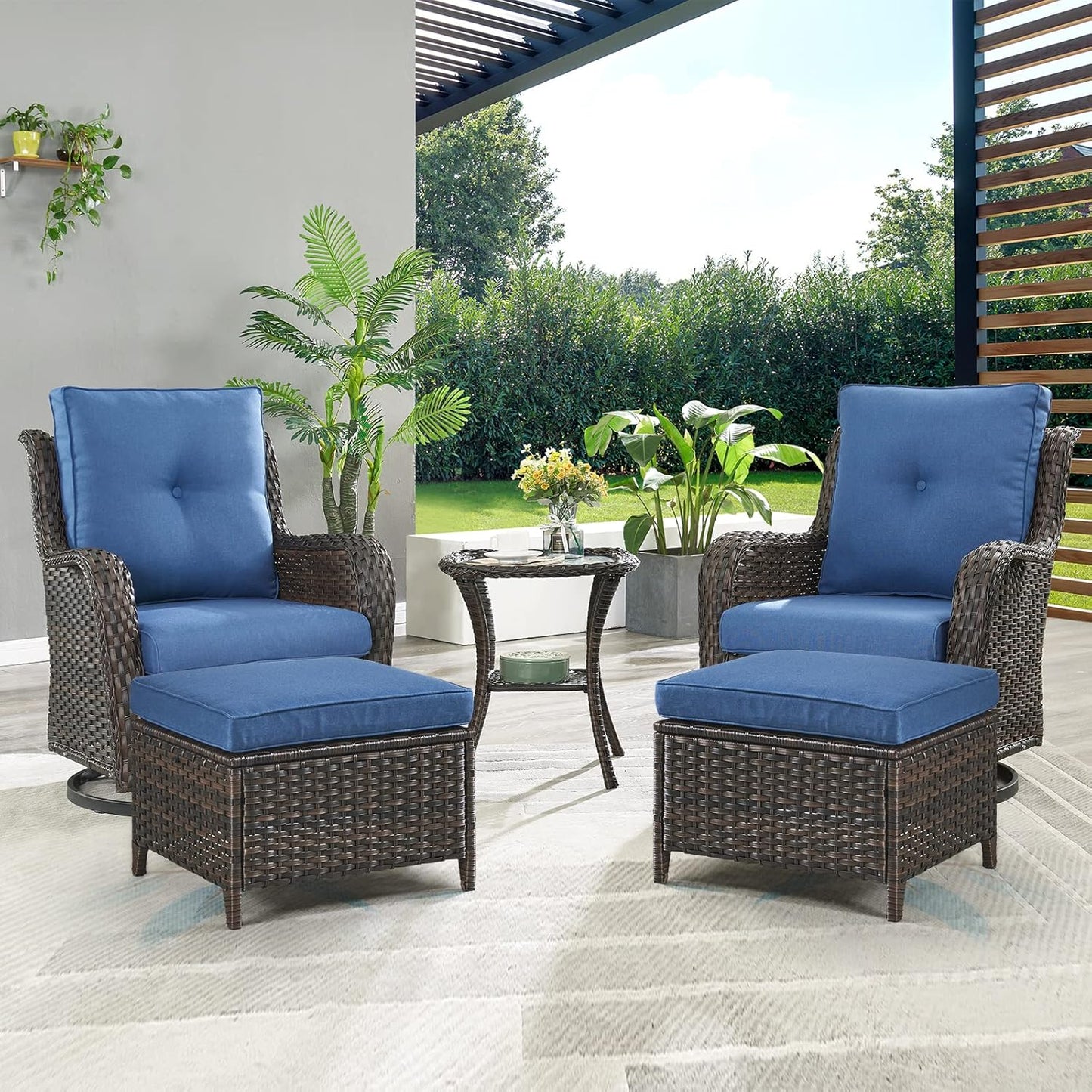 Outdoor Wicker Patio Furniture Set - 5 Pieces Rattan Patio Conversation Set with 2 Rocking Swivel Chairs,2 Ottomans and 1 Side Table for Porch Deck Backyard Garden(Brown/Blue)