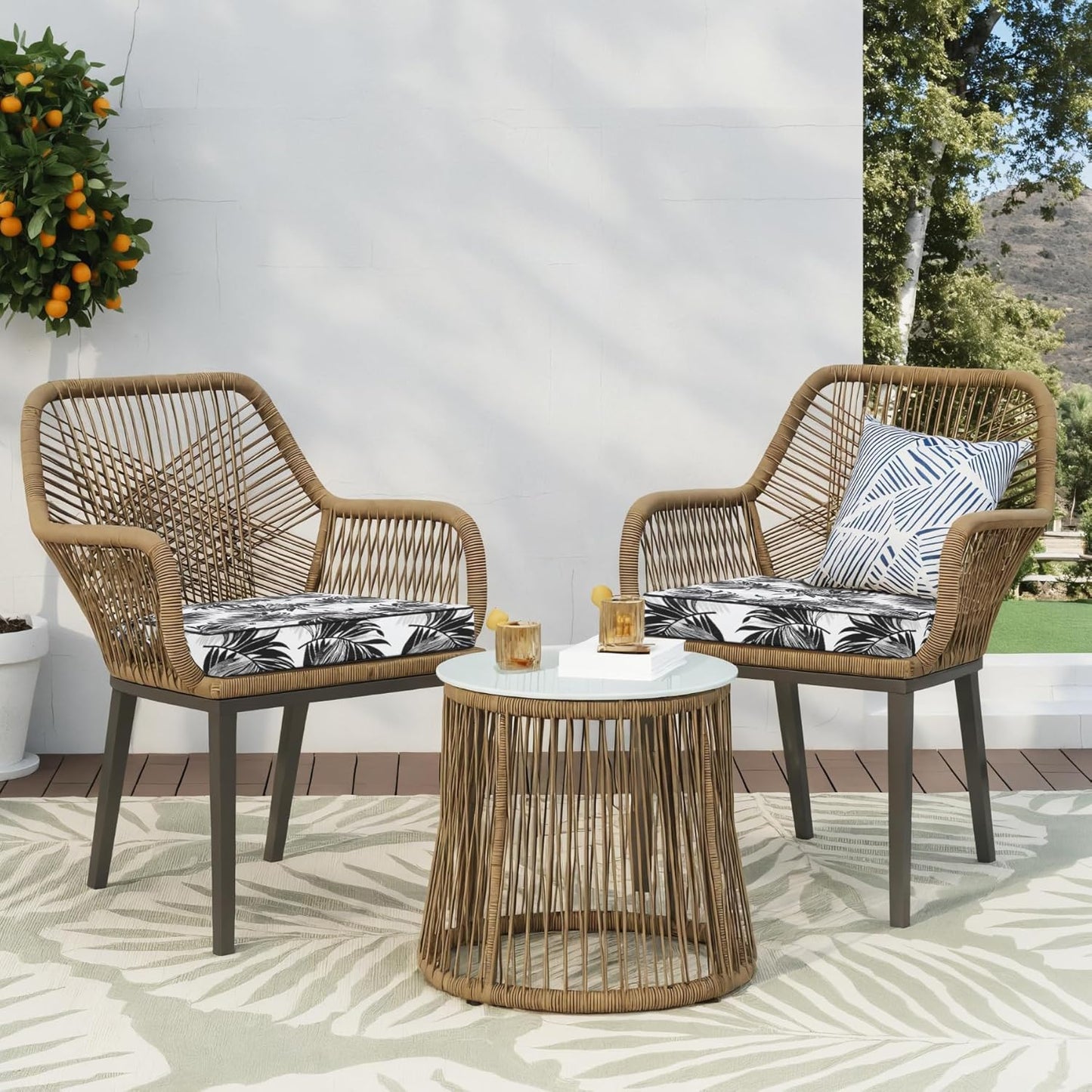 Favoyard Outdoor Chair Cushion 22 x 22 x 3 In Waterproof Pattern Fade Resistant Cushions for Patio Furniture with Removable Cover Attach Straps 28D Foam Insert Cushions Pads for Seat Sofa Couch 2 Pack