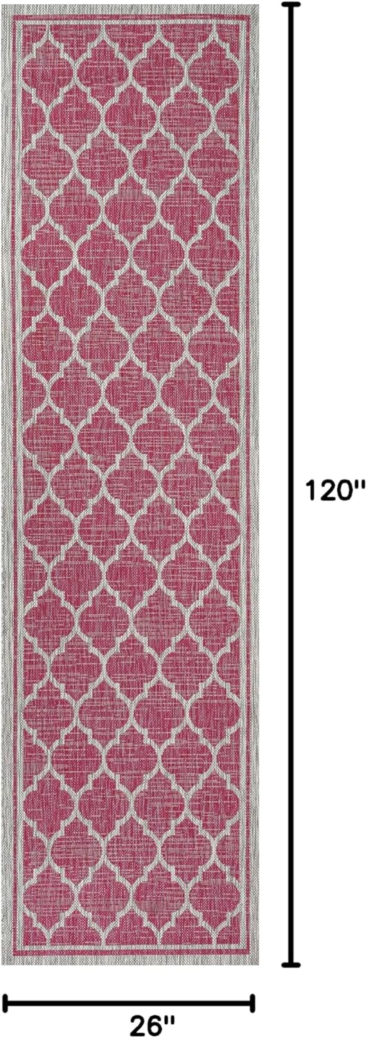 Eyely BMS109H-210 Santa Monica Trebol Moroccan Trellis Textured Weave Indoor/Outdoor Runner Rug Coastal;Bohemian, Bedroom, Backyard, Patio, Easy-Cleaning, Non-Shedding, 2 X 10, Fuchsia/Light Gray