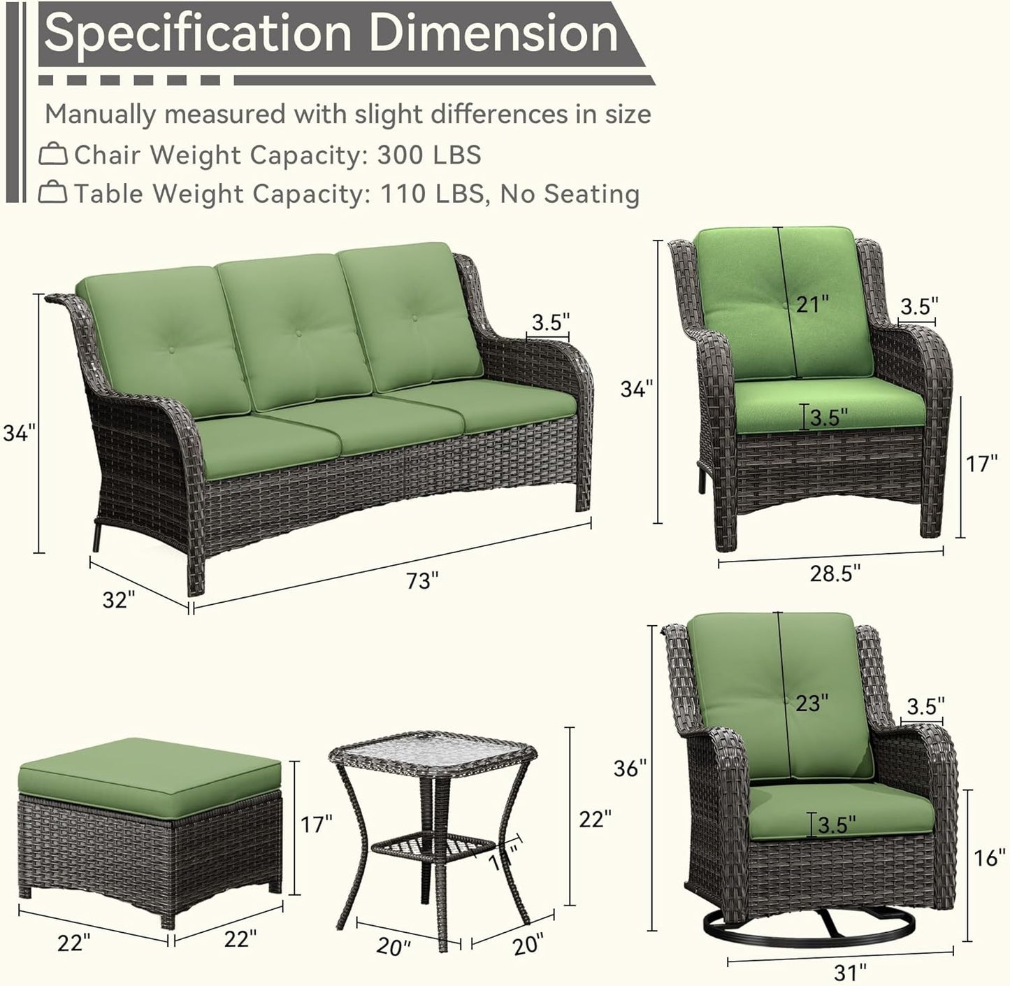 Wicker Patio Furniture Set 8-PCS with A 3-Seat Sofa, 2 Swivel Rocking Chairs, 2 Armchairs, 2 Ottomans and 1 Side Table Patio Conversation Set, Green