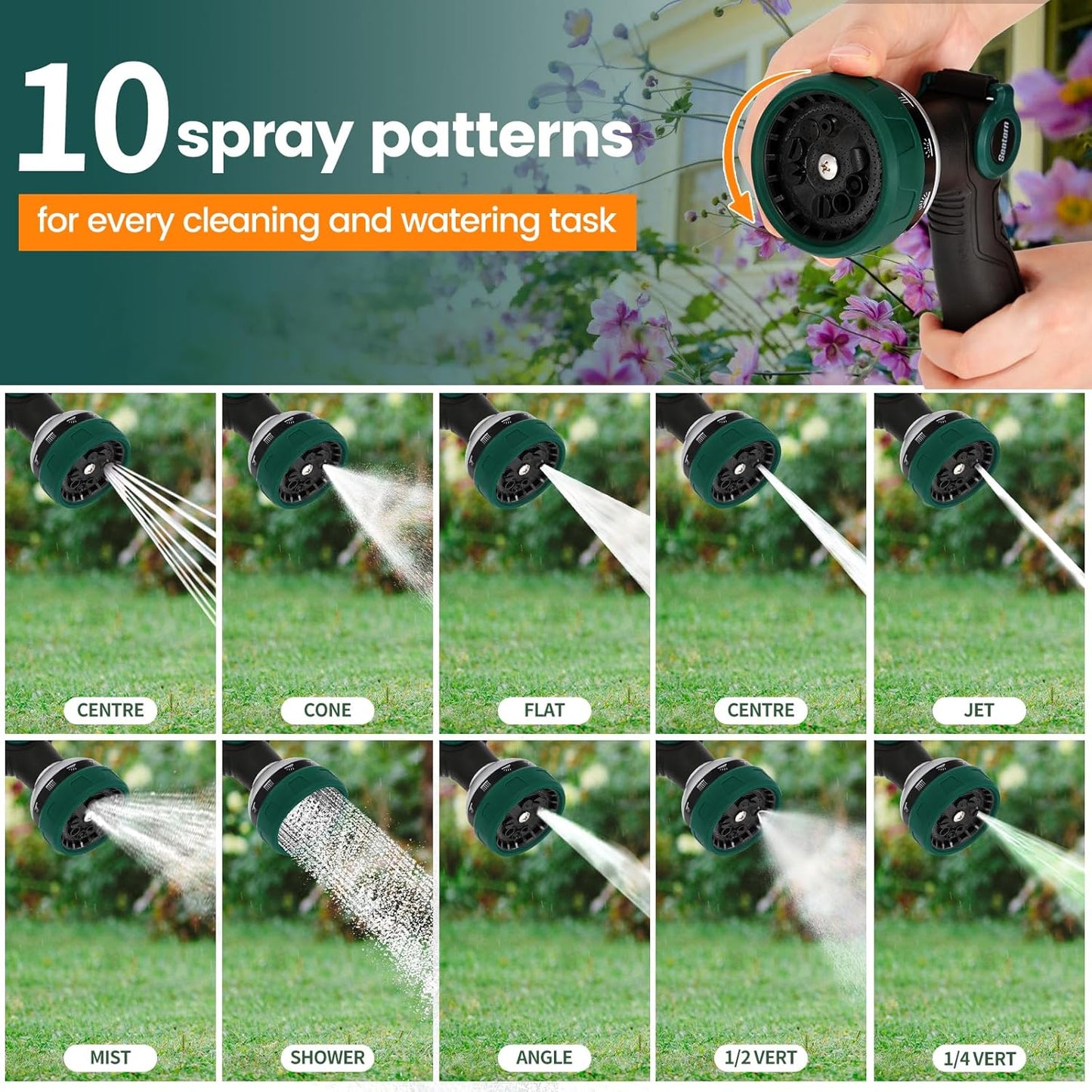 Heavy Duty Garden Hose Nozzle, Water Hose Sprayer Nozzle with Thumb Flow Control, 10 Spray Patterns, High Pressure Hose Nozzle for Lawn & Plant Watering, Car & Pet Washing – Forest Green