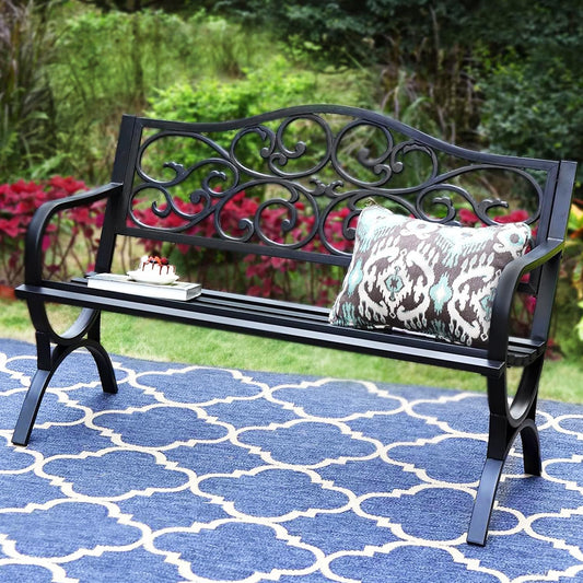 PHI VILLA 50-Inch Cast Iron Steel Frame Garden Bench Outdoor Patio Bench Chair w/Floral Design Backrest, Slatted Seat for Park, Yard & Porch, Black