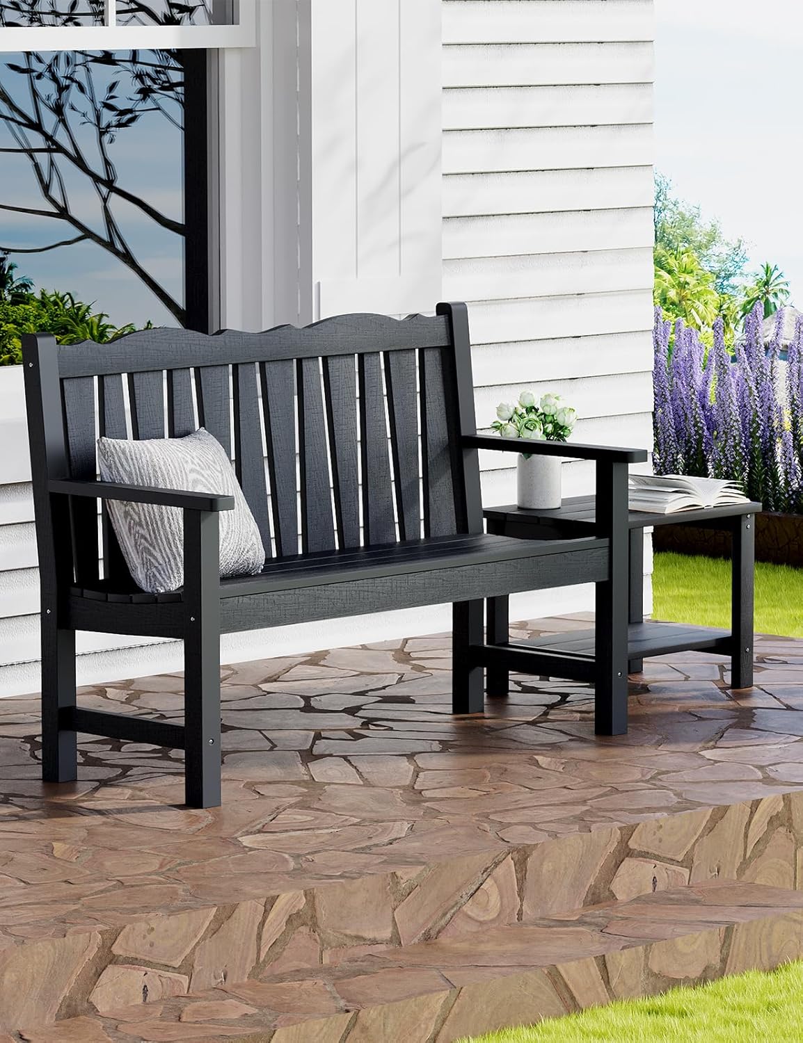 Outdoor Rocking Chairs Set, Weatherproof HIPS Outdoor Furniture, Include 2 Patio Rocking Chairs + Outdoor Bench, Suit for Garden, Porch, Lawn & Backyard(Black)