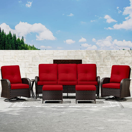 Joyside 6 Piece Patio Furniture Set, Outdoor Wicker Conversation Sets with Swivel Rocker Chairs and Sofa, Thick Cushion, Rattan Patio Sectional for Porch, Deck Use (Brown/Red, 6 PCS)