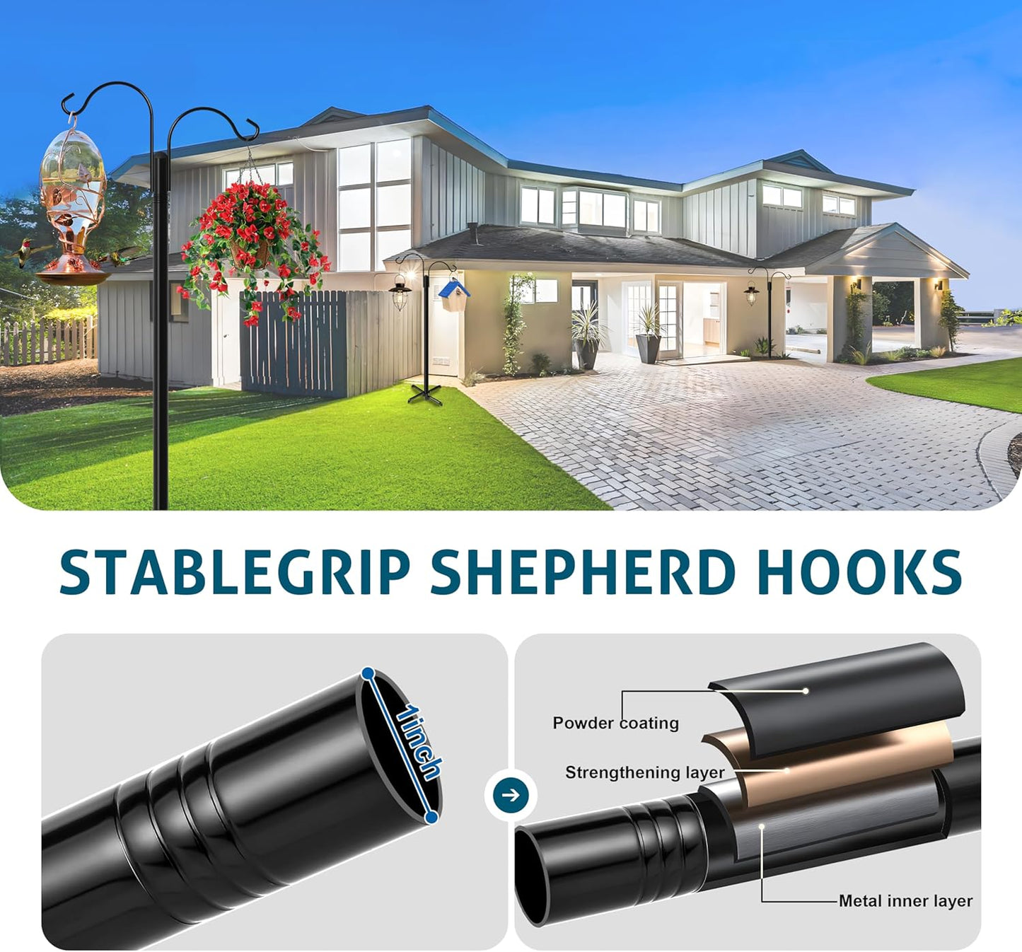 Ottsuls Double Shepherds Hooks for Outdoor, 76 Inch Bird Feeder Pole with 5 Prong Base, Upgrade 1 INCH Thick Heavy Duty Planter Hook for Hanging Baskets, Lantern,1 Pack