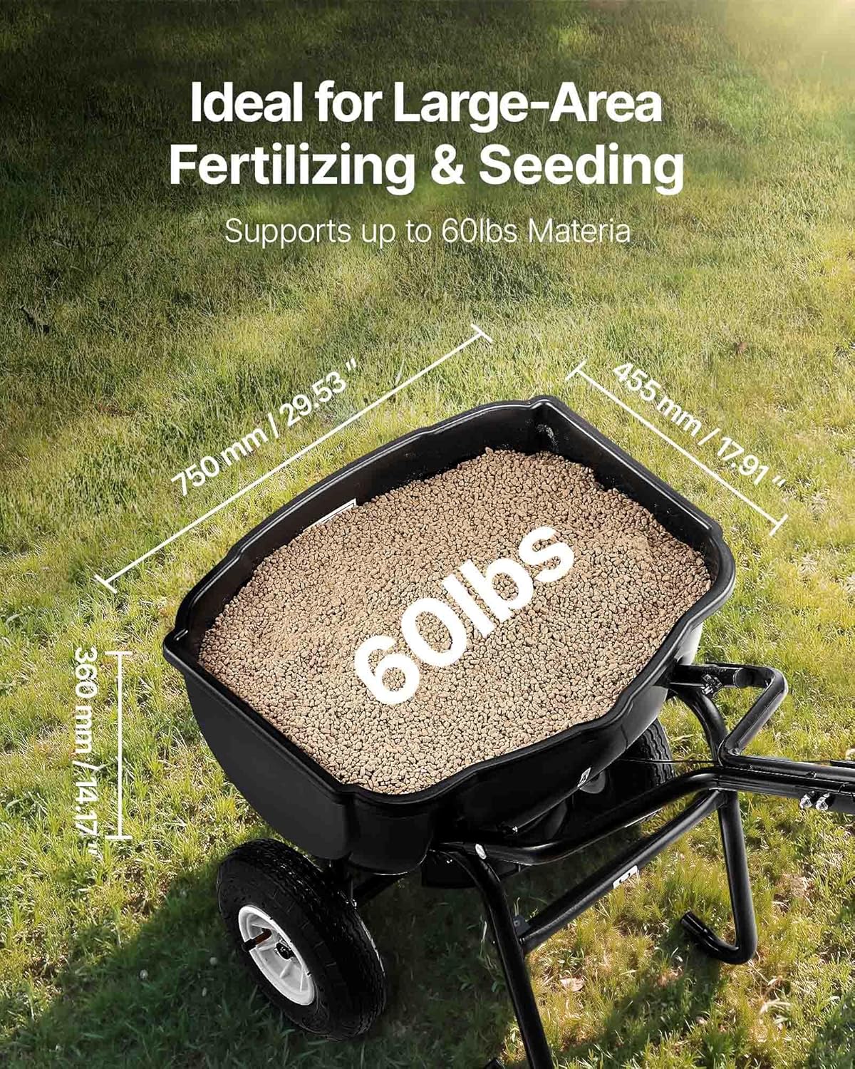 VEVOR Broadcast Spreader, 60LBS Capacity, Walk-Behind Push Spreader, 0-9.8 ft Spreading Width, 10 in All Terrain Pneumatic Tires, Lawn Spreaders with Hopper Grate, for Seed, Fertilizer, Salt, Ice Melt