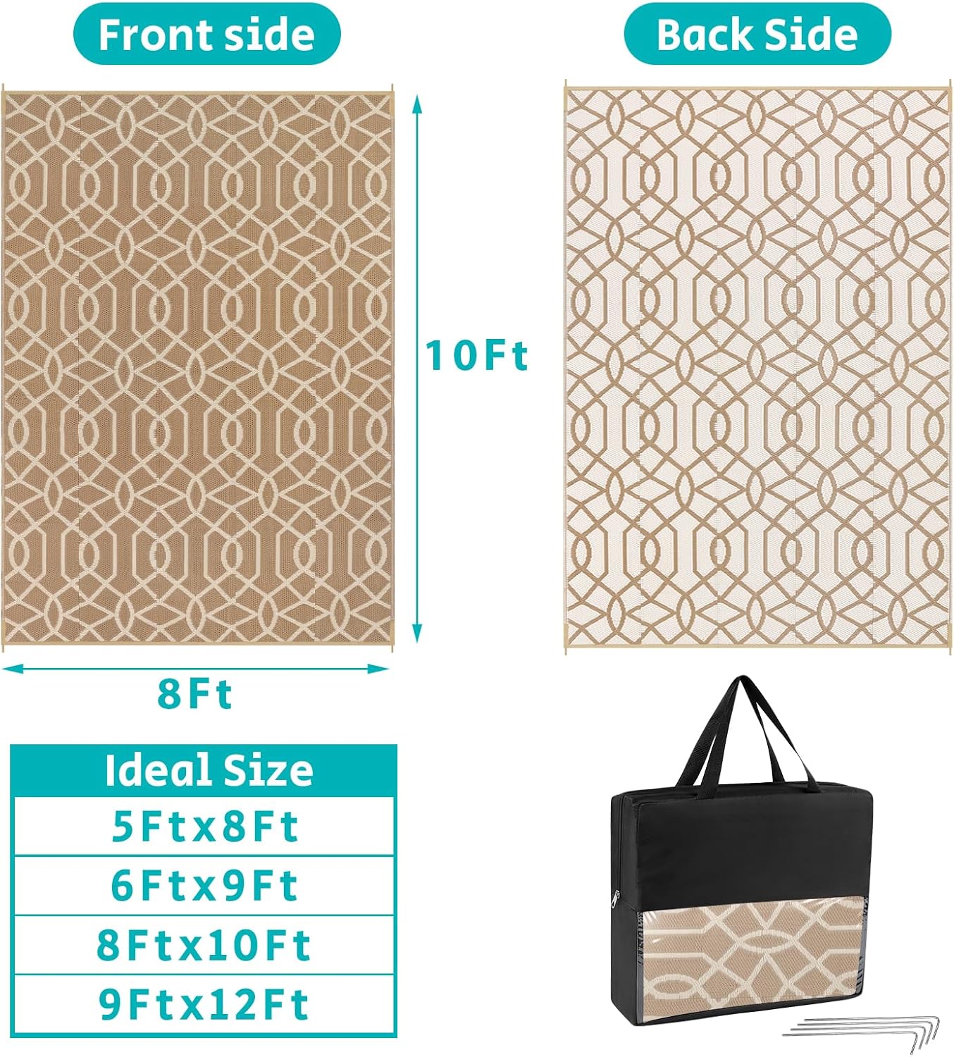 HEBE Outdoor Rug Waterproof 8x10, Reversible Plastic Straw Rug RV Camping Rug, Indoor Outdoor Patio Mat Clearance, Outside Carpet for Porch,Deck,Camper,Balcony,Backyard,Picnic