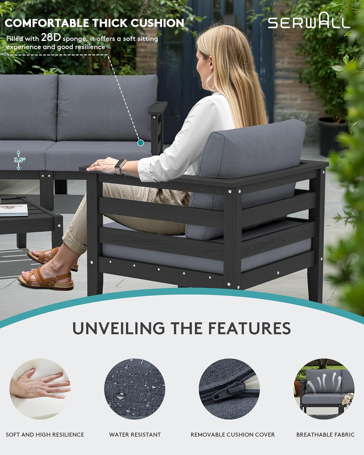 SERWALL HDPE Patio Furniture Set, 6 Pieces Outdoor Sectional Sofa Set, All-Weather Wood-Like Outdoor Sofa Couch with Coffee Table for Deck, Lawn, Black Frame with Grey Cushion