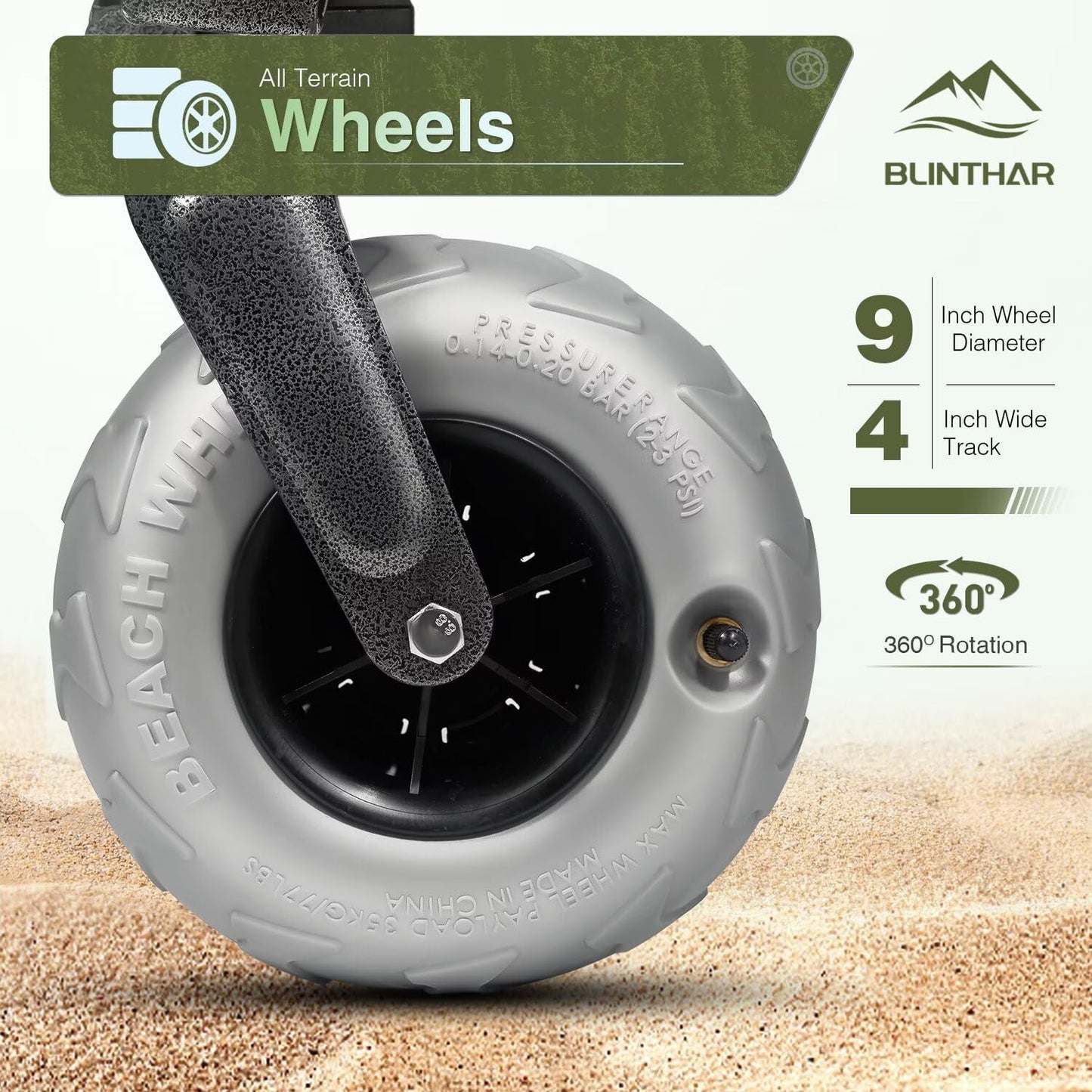 Beach Wagon with Big Wheels for Sand, Heavy Duty Collapsible Folding Wagon with All-Terrain 9" Pneumatic Tires & Drink Holders, Utility Wagon for Garden Sports Camping Outdoor Activities