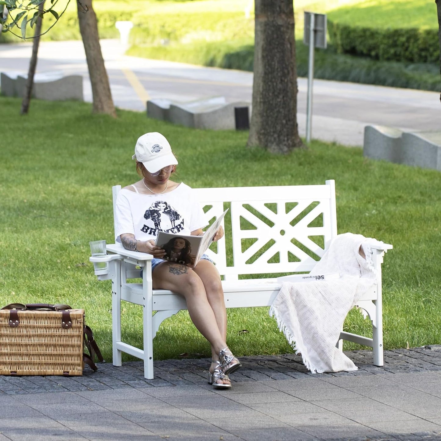 nalone Outdoor Bench with Cup Holders, HDPE All Weather Porch Bench Load up to 800 Lbs, 2-Person Garden Benches Rot-Proof Fade Proof for Patio, Porch, and Park (White)