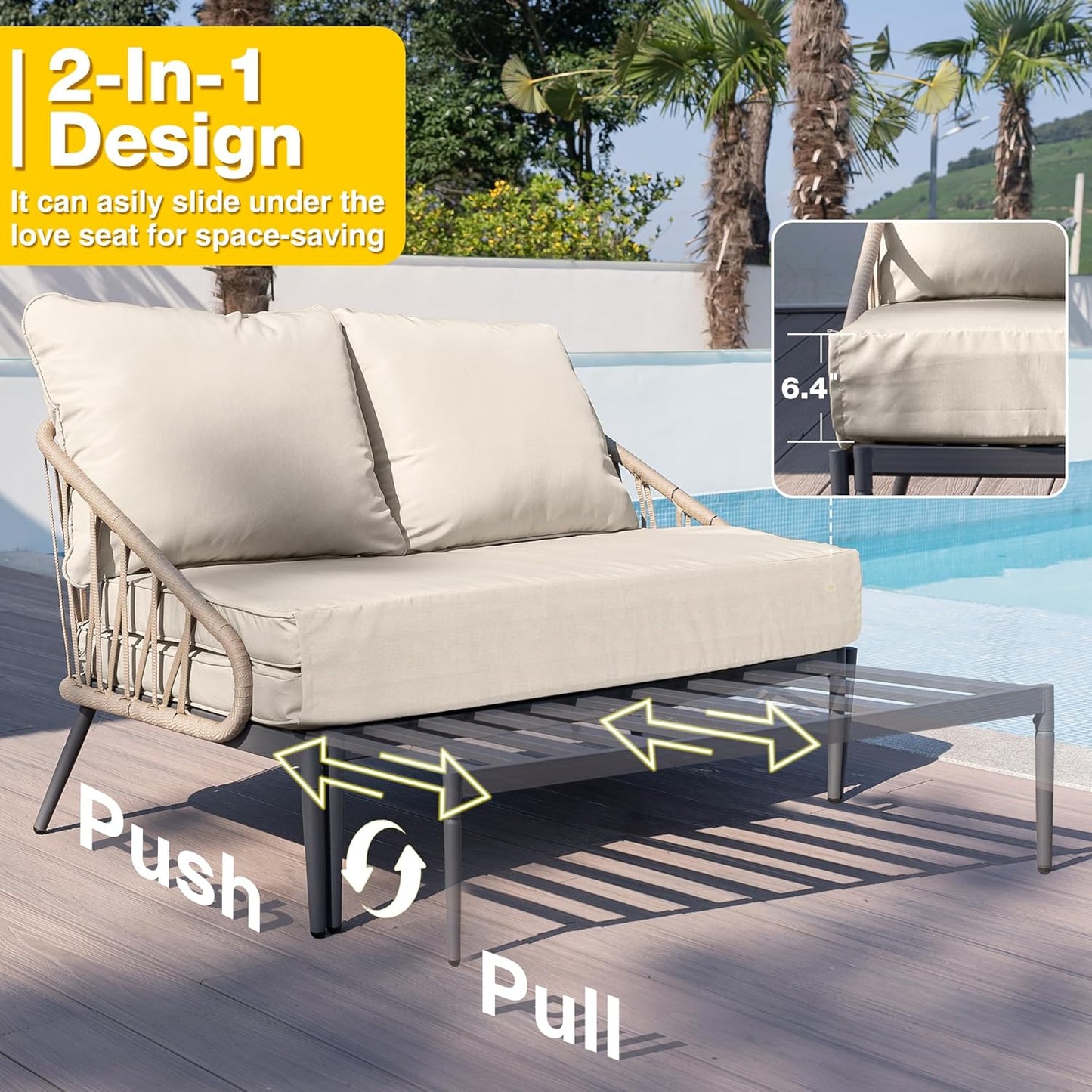 Patio Adjustable Daybed, 2-Person Outdoor Daybed with Cushions and Pillows, Woven Rope Patio Loveseat Garden Adjustable Reclining Chaise Lounge for Lawn