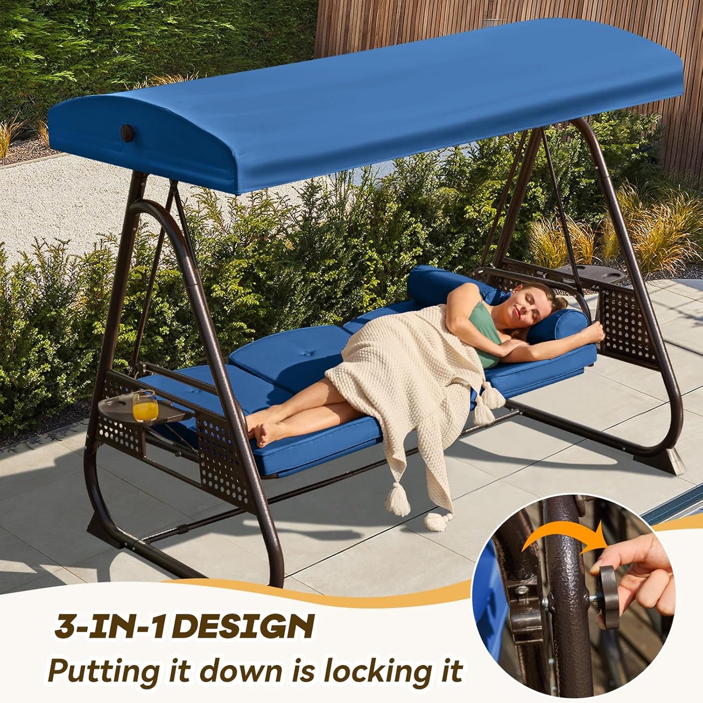 3 in 1 Outdoor Porch Swing with Adjustable Canopy, 3 Seat Outdoor Swing for Adults, Patio Swing Chair with Thickened Cushions,Pillows & Cup Holders for Backyard, Porch, Garden (Blue)