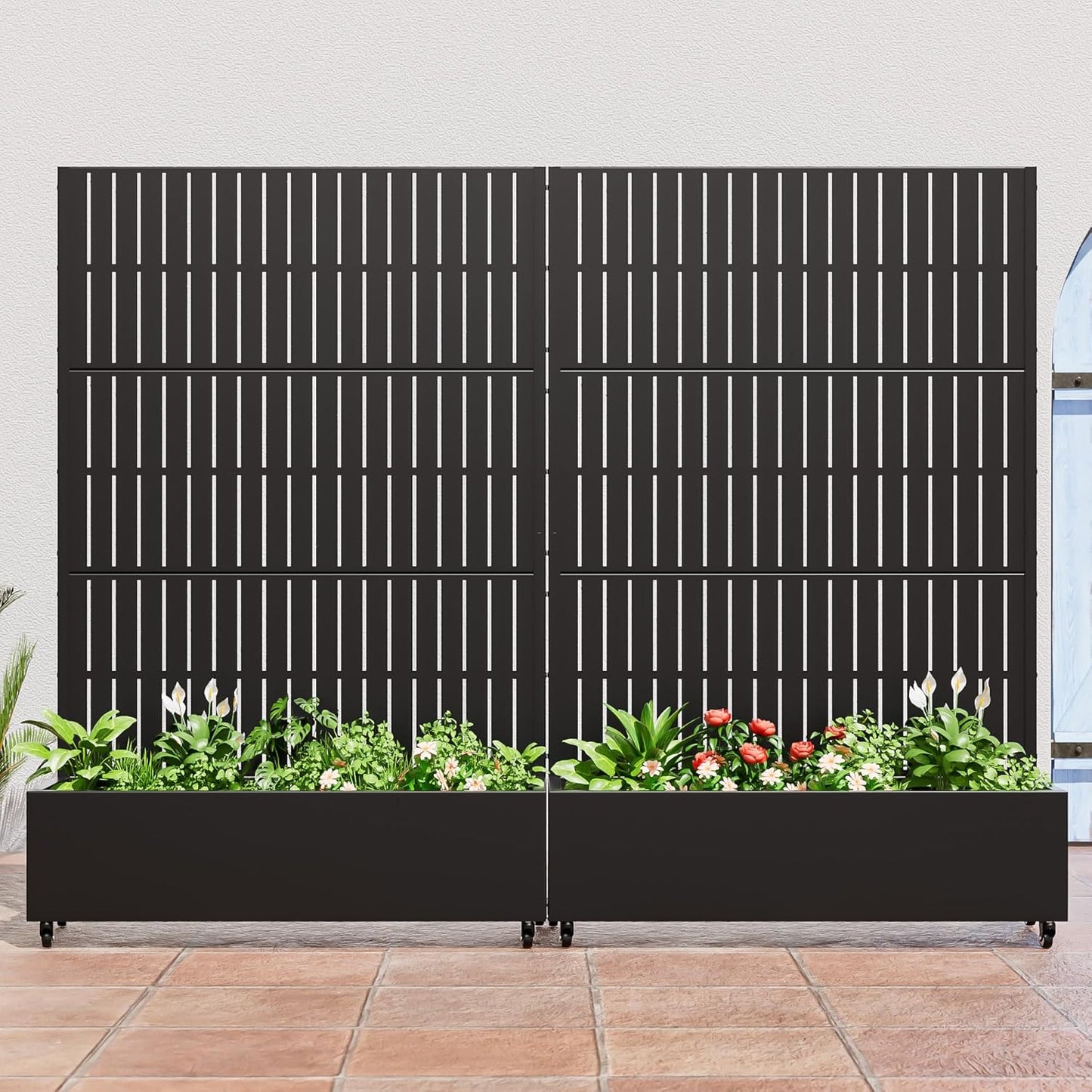 Casaphoria Metal Raised Garden Bed with Trellis and Wheels, 72"x47"x16" Planter Box for Climbing Plants, Vegetables & Vines, Features Drainage Holes and Privacy Screen (Black)