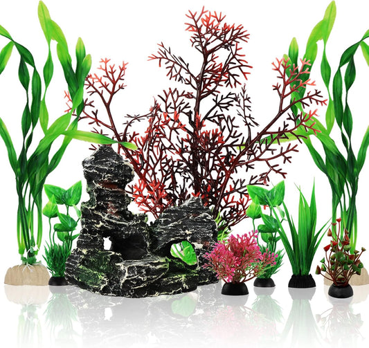 Fish Tank Decorations Plants with Resin Cave Rock View, 9pcs Aquarium Decorations Plants Plastic,Fish Tank Accessories, Fish Cave and Hideout Ornaments, Aquarium Decor