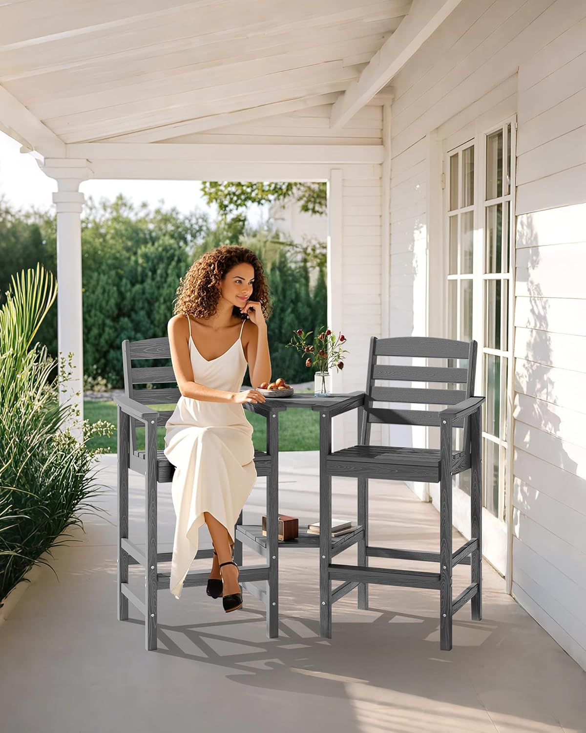 SERWALL Tall Adirondack Chairs Set of 2 with Connecting Table, Grey