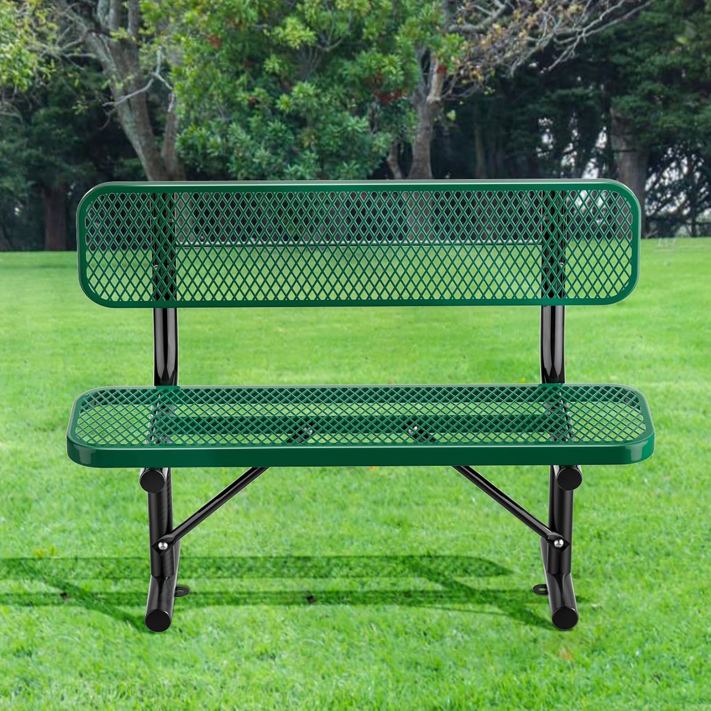 4FT Heavy Duty Park Bench with Back Portable Frame, Outdoor Metal Park Bench with Backrest, Steel Mesh Outdoor Bench for Garden, Lawn, Patio, Porch, Park, Yard, Green