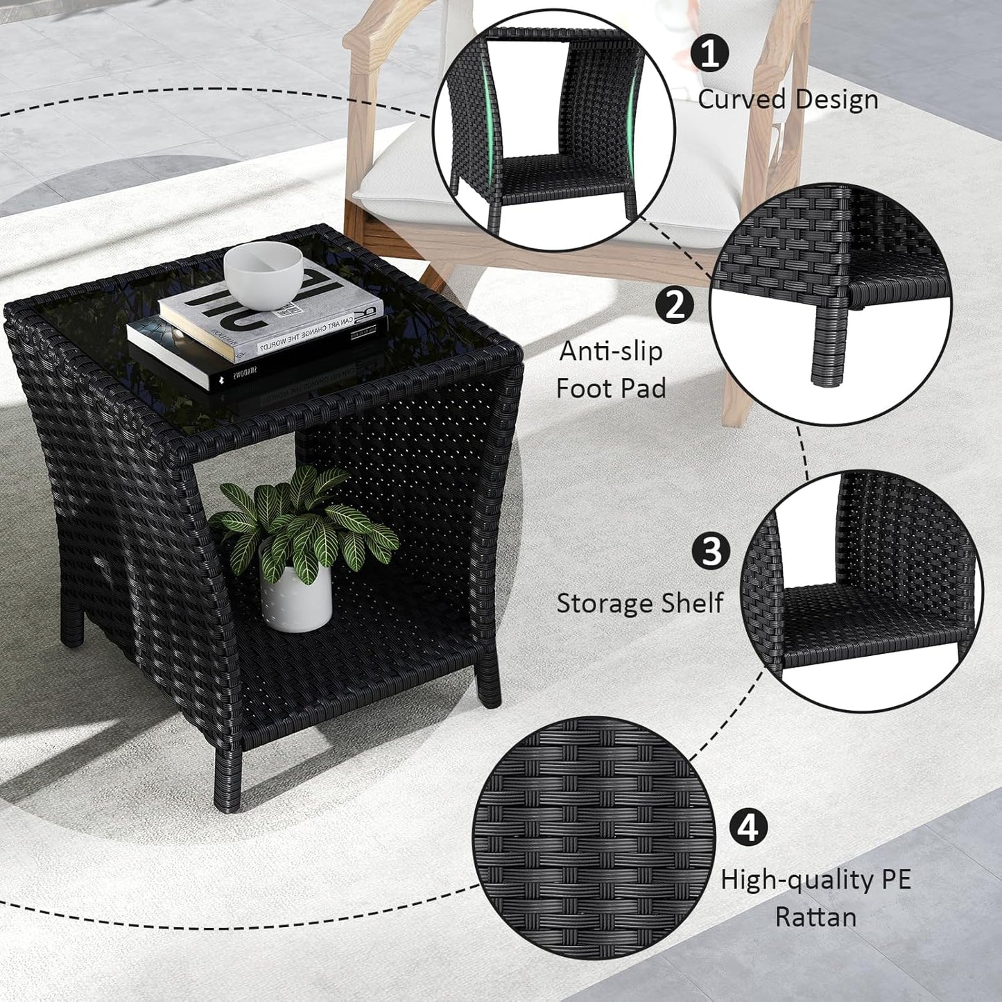 Outdoor Small Patio Table - PE Rattan Coffee Table, Wicker Side Table for Patio, Balcony & Porch, Durable & Iron Frame (1, Black)