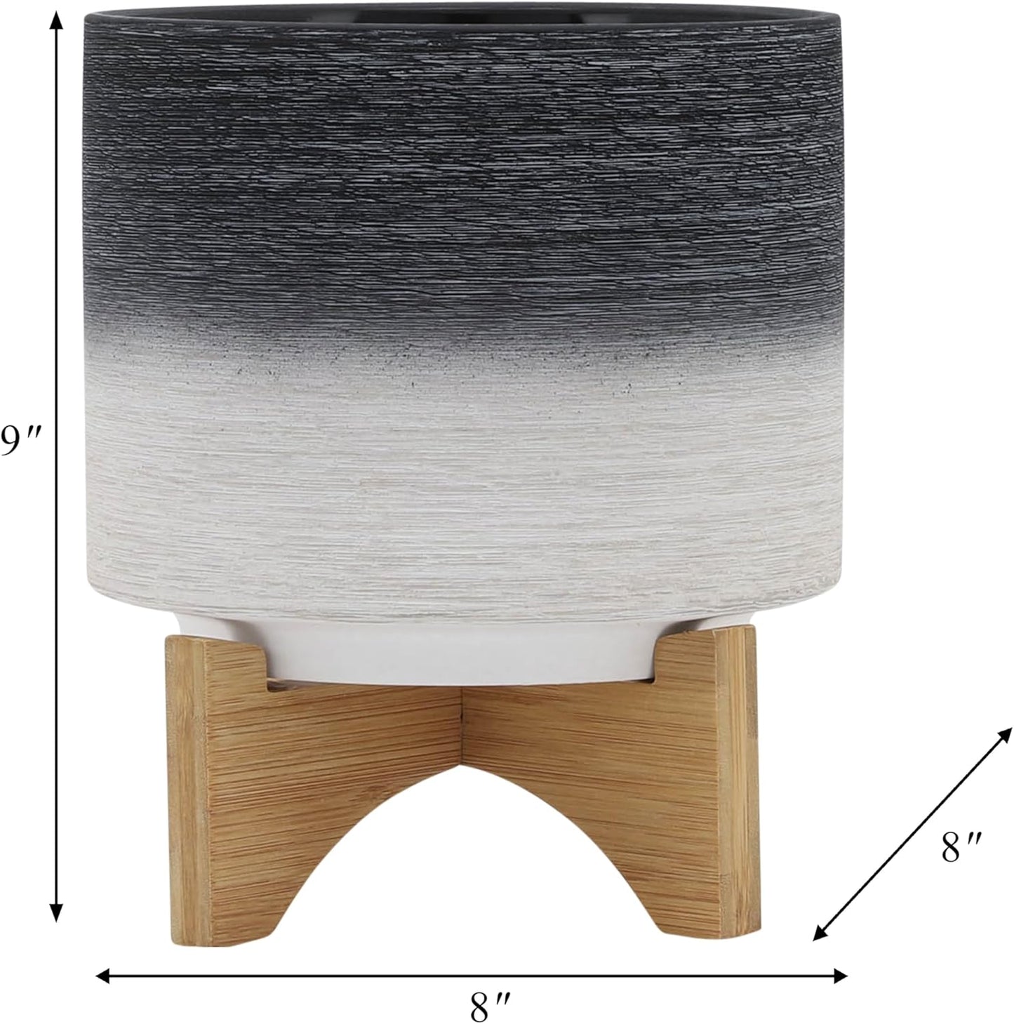 Modern Ceramic Planter with Wooden Stand – Stoneware Plant Pot Holder – Stylish Indoor & Outdoor Home Decor for Living Room, Bedroom, Office, or Garden – 9", Gray & White