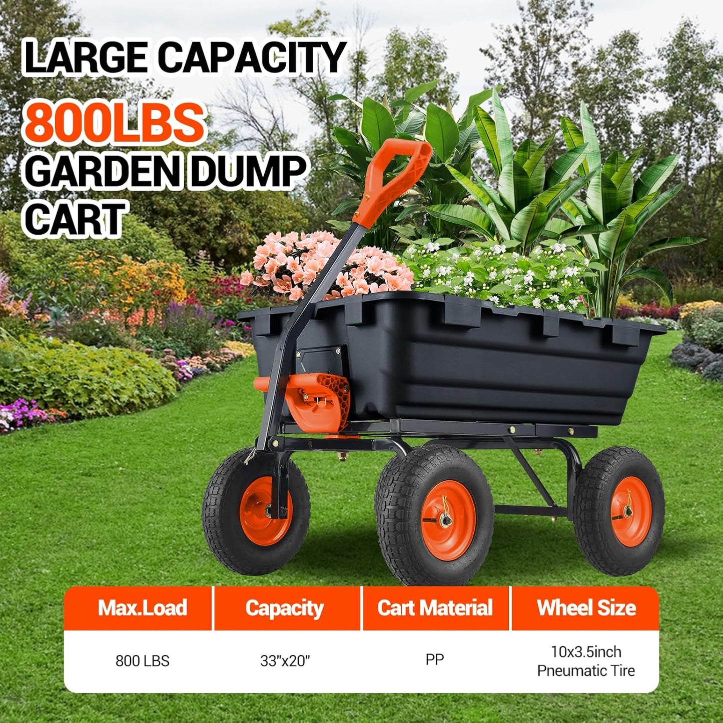 Garvee 800 lbs Poly Garden Dump Cart, Heavy-Duty Wheelbarrow with 10-Inch Tires, 180° Rotating Handle, Steel Frame and Quick Release System Garden Dump Cart for Soil Plants Gardening Tools Wood