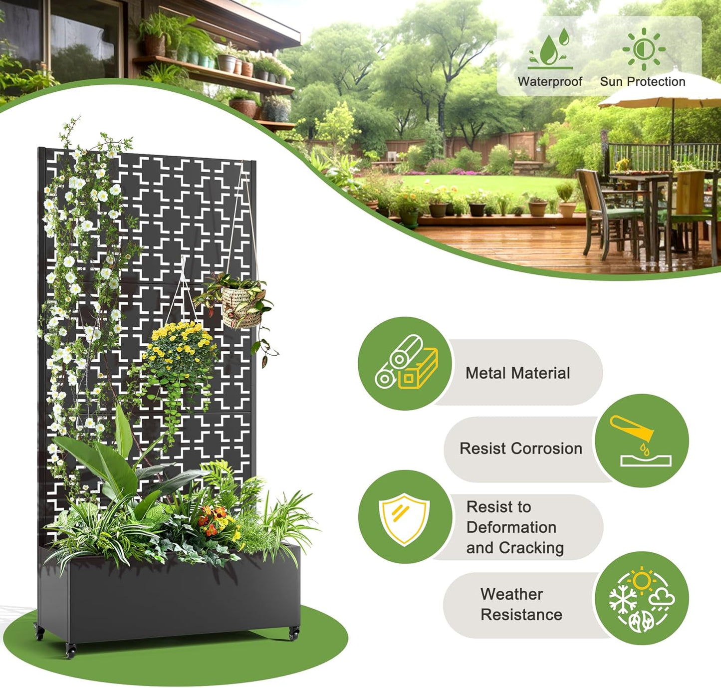 FENCY Metal Raised Garden Bed with Wheels and Trellis,73"x35"x16" Planter Box for Climbing Plants, Vegetables & Vines, Features Privacy Screen and Drainage Holes (Black-Square)