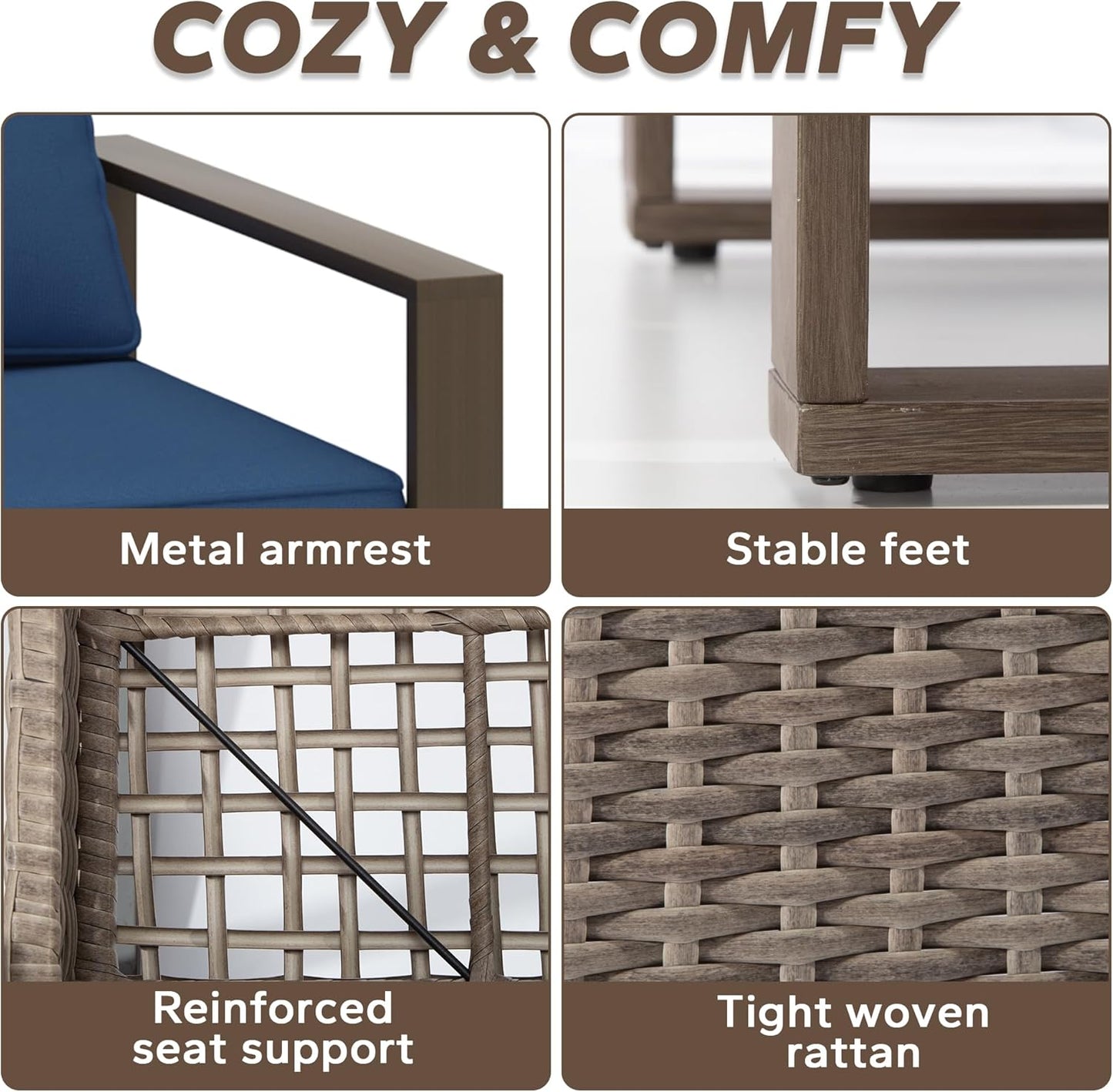 Outdoor Wicker Metal Chairs Set of 2 with Two Ottomans, 360 Degree Glider Rockers Armchairs, 4 Pieces Patio Bistro Set with Wood-Looking Metal Armrest for Poolside, Terrace, Dark Blue