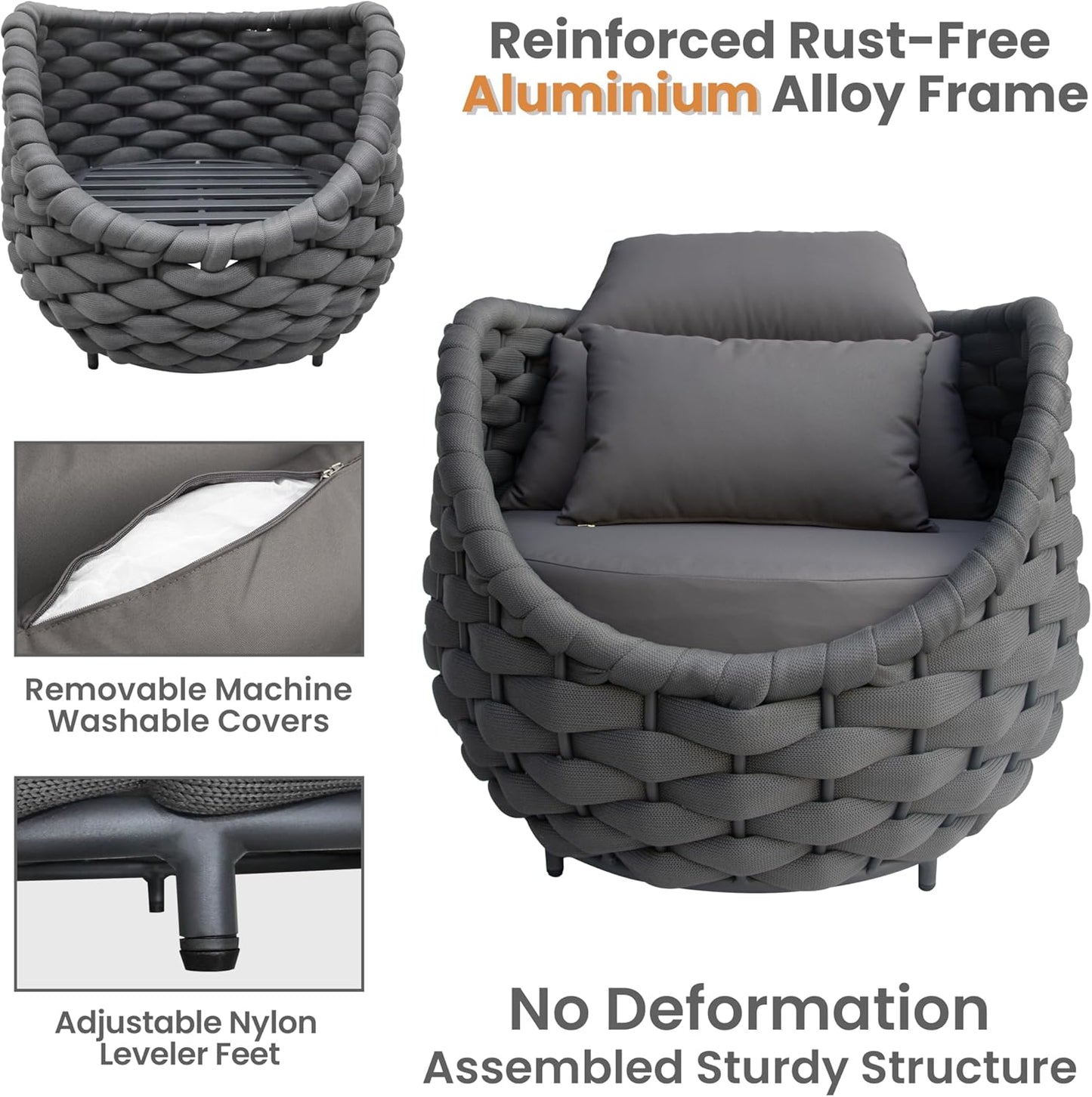 Front Porch Furniture 5 Piece Set: Aluminum Woven Rope Patio Conversation Sofa Set - Assembled Accent Chair Cushioned - Outdoor Armchair Couch Set for 400 lbs Deck Backyard Poolside Garden Hotel