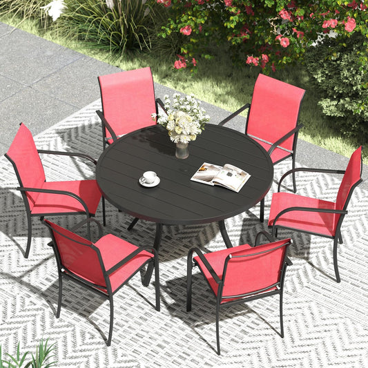 VICLLAX Patio Dining Set for 6, Outdoor Furniture Set Includes 47.2" Round Patio Table and 6 Patio Sling Chairs, Black Tabletop and Red Fabric