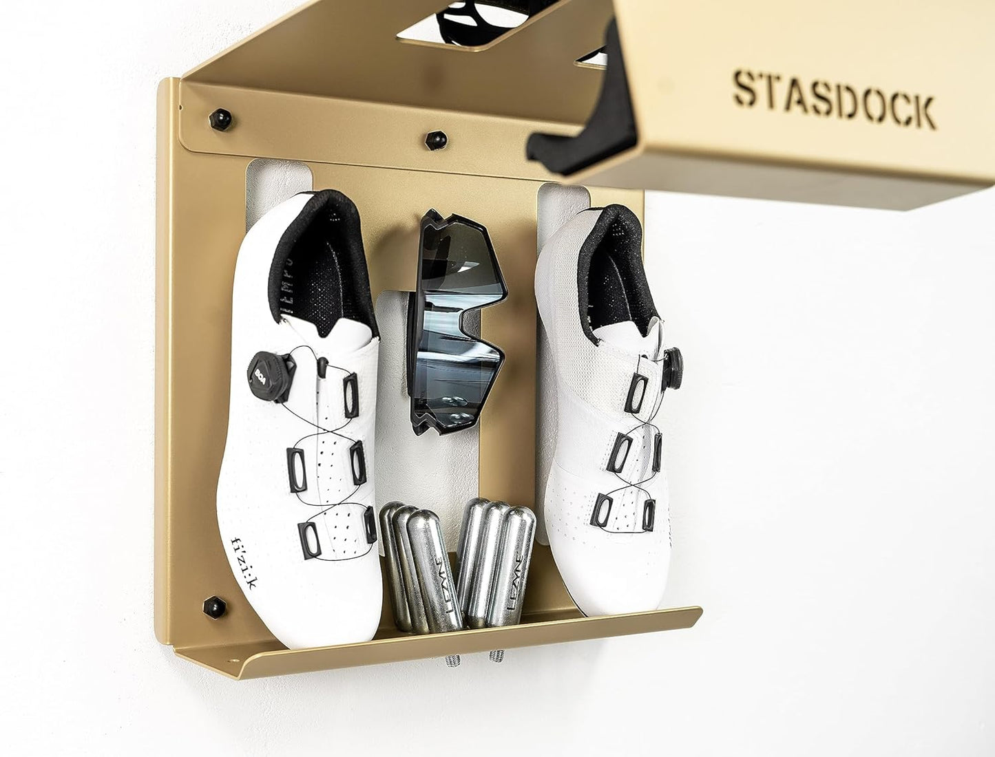 Wall Bike Rack | Bike Storage Wall Mount System | For Race Bicycles (New Gold) and Mountain Bikes | Bike Shelf | Indoor bike wall bracket | Store your helmet and shoes | Home and Garage