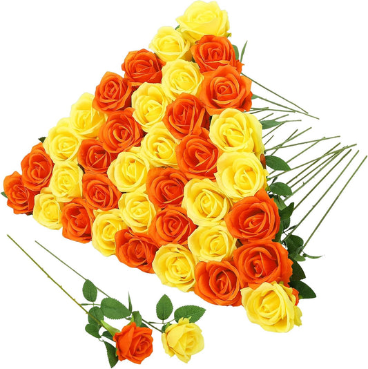 36 Pcs Yellow, Orange Artificial Roses with Long Stems, Purple Fake Silk Rose Artificial Flowers Bulk for Bridal Wedding Bouquet Centerpiece Ball Arrangement Party Decor