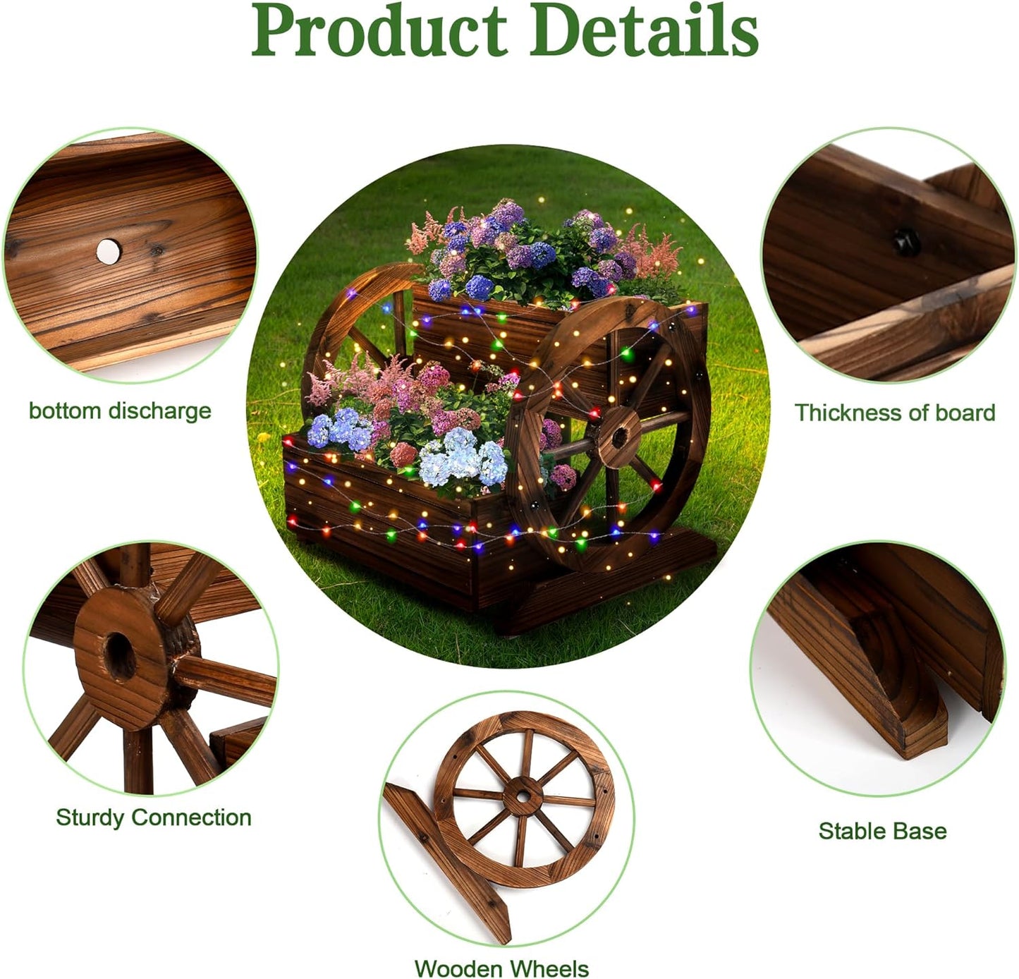 Wooden Wagon Planter Box with Solar Light, Garden Planter with Wheels,Decorative for Flowers Herbs Vegetables for Indoor & Outdoor Decor,Wooden Flower Cart for Patio Garden Balcony