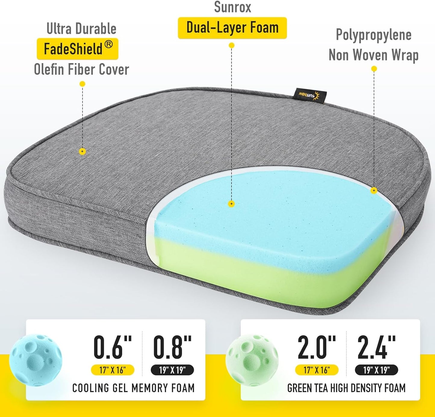 SUNROX Gel Memory Foam Chair Cushions, FadeShield Water-, Stain-Resistant Durable Reversible Seat Cushion Pads with Ties for Indoor/Outdoor Kitchen Dining Office 17"x16" Set of 6, Heather Charcoal