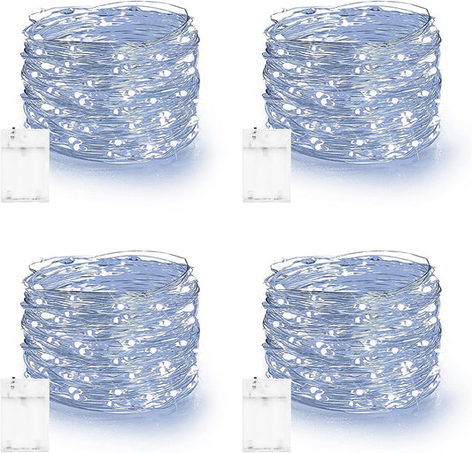 Dazzle Bright Fairy Lights Battery Operated, 4 Pack Total 80FT 240LED Silver Wire Waterproof Battery Operated String Lights, Christmas Decorations for Indoor Outdoor Bedroom Yard Decor, White