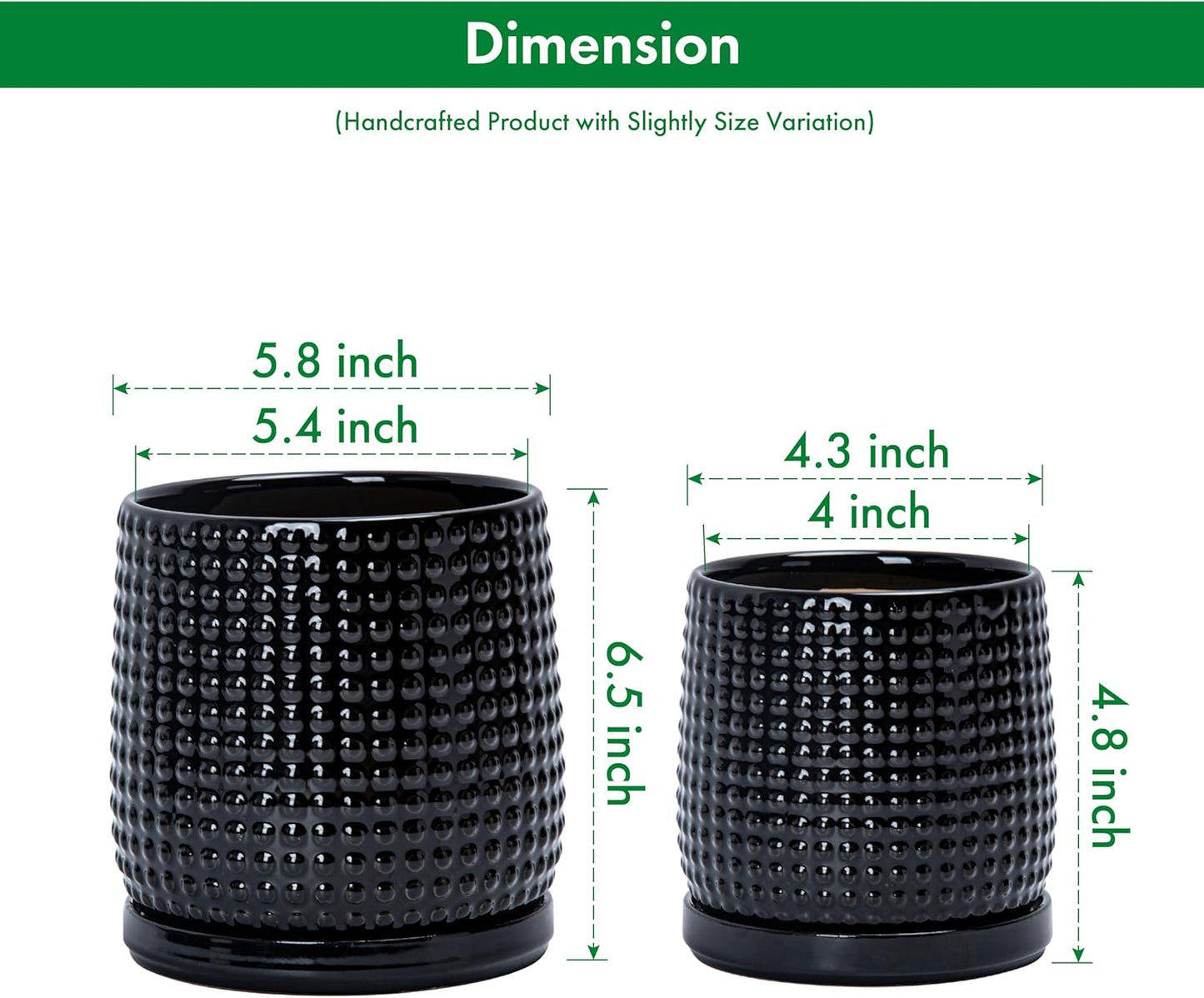 D'vine Dev 6 Inch 4 Inch Ceramic Indoor Planter Pots with Drainage Hole and Saucer, Beaded Design Flower Pots, Set of 2, Gloss Black, 27-D-U-2