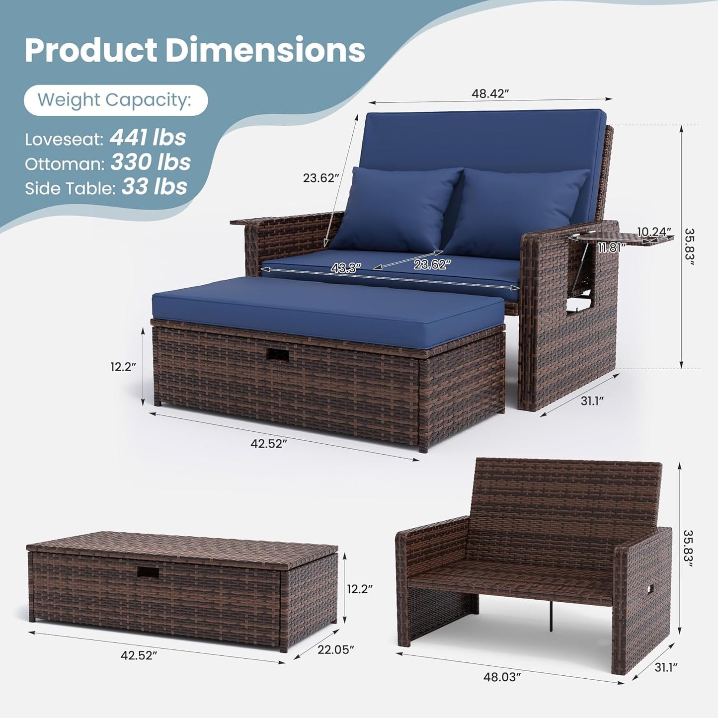 Amopatio Wicker Outdoor Daybed - Outdoor Loveseat with Storage Ottoman,4-Level Adjustable Backrest & Cushions, Patio Loveseat for Yard, Balcony, Porch, Garden, Poolside（Navy）