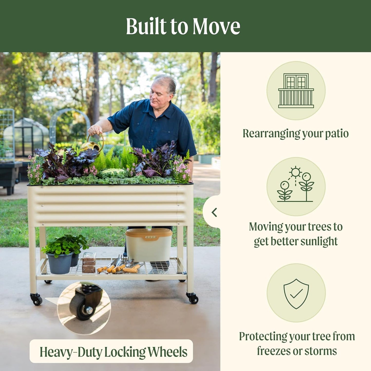 Rolling Elevated Raised Garden Bed-V Series, 2' x 4' Garden Beds with Legs & Storage Rack for Patio & Porch, 700 Lbs Weight Capacity, Outdoor Planter Box for Vegetables Flower Herbs, Pearl White