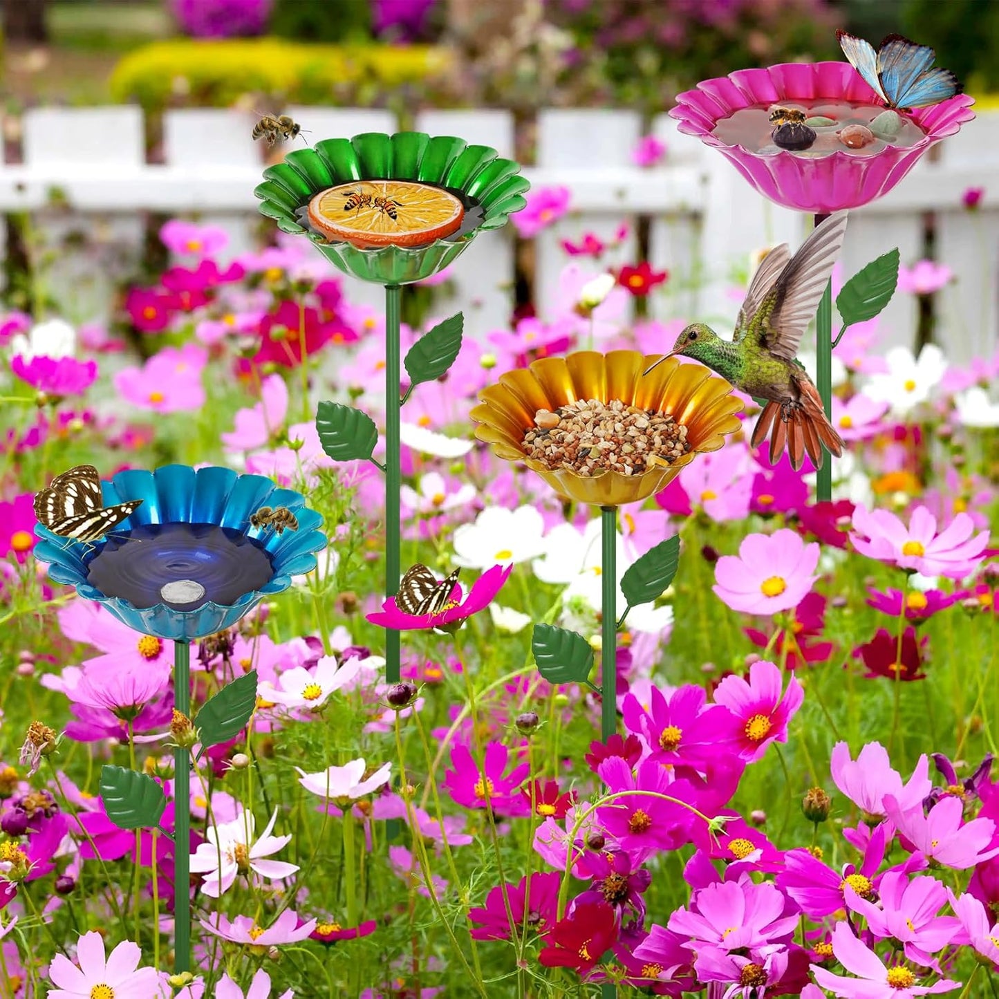 Large Bee Watering Station 4 Pack - Bee Bath for Garden Metal Butterfly Feeders Bowl with 5.32'' Flower Design Bird Bath for Outside Outdoors Garden Decor