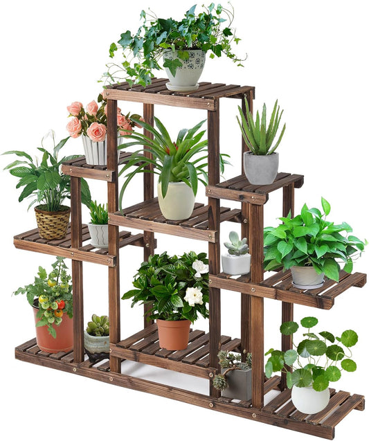 COSTWAY 6-Tier Multifunctional Wood Flower Stand, Shelf Holder for Multiple Plants, Freestanding Plant Rack for Garden, Patio, Balcony, Living Room, Indoor, Outdoor