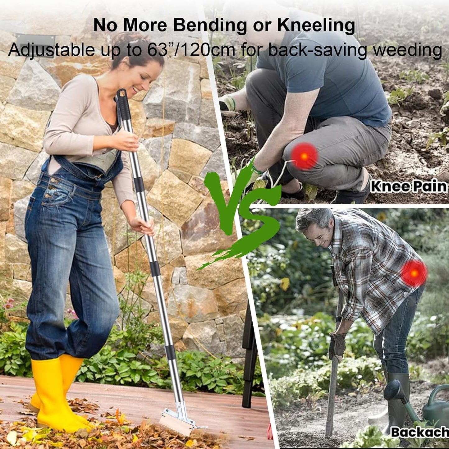 Long Handle Crack Weeder Tool Set with Adjustable 63 inch Handle, 2-in-1 Stainless Steel Crevice Weeding Tool & Brush for Weed and Moss Removal from Patios, Driveways, Sidewalk Cracks