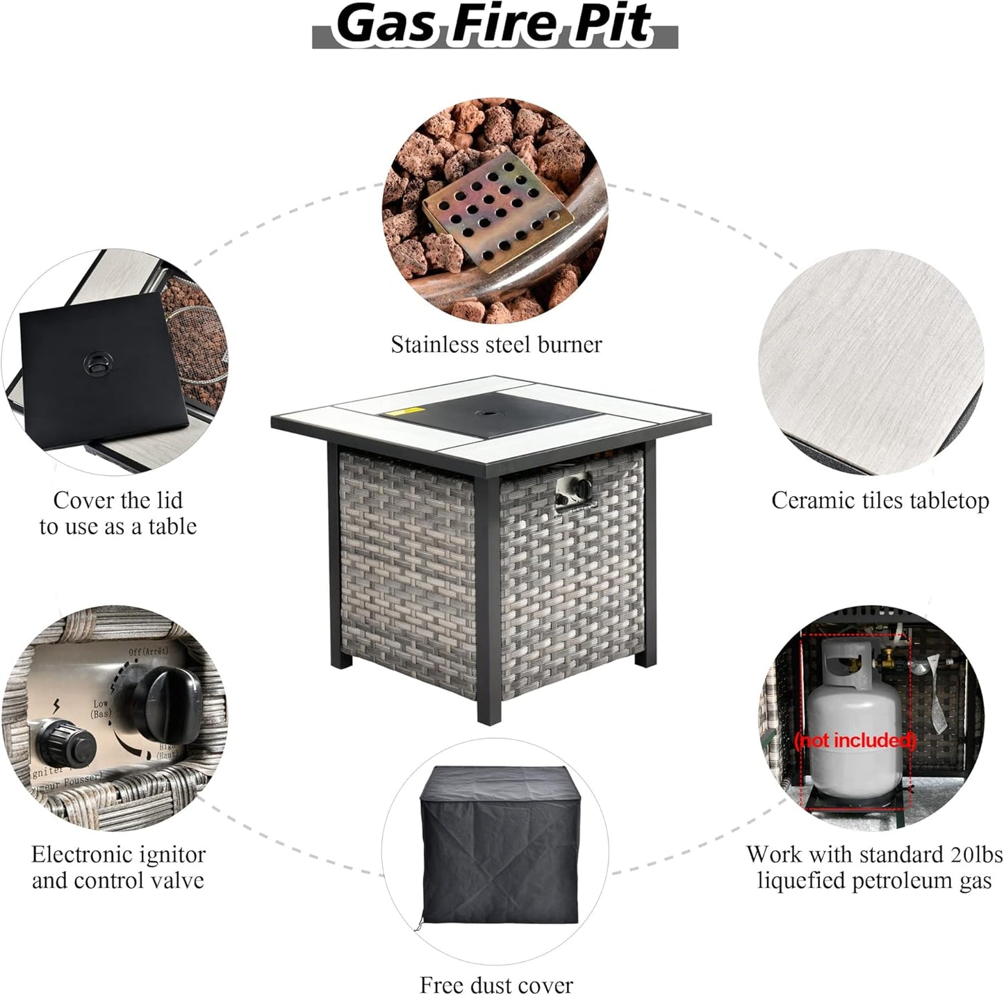 HOOOWOOO 9 Piece Modular Patio Outdoor Sectional Furniture Set with Gas Propane Fire Pit Table,Wicker Conversation Sofa Set with Swivel Chairs,Outside Couch Set(Grey Stripes)