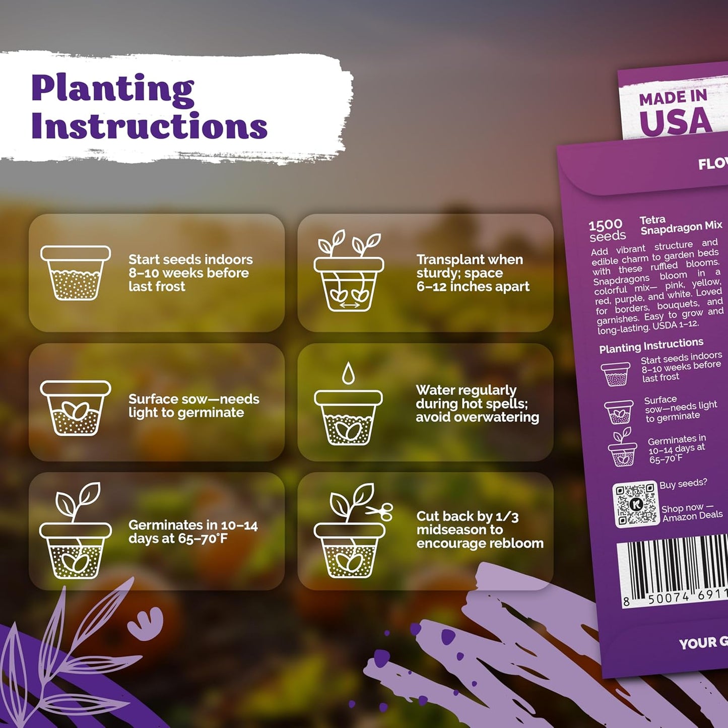 KVITER 1,500 Tetra Mix Snapdragon seeds (Antirrhinum Majus) – Heirloom & Organic Tall Snap Dragon Mix, Annual Flower Garden seeds, Cut Flower Seeds for Planting – Ideal for Outdoor Garden & Containers