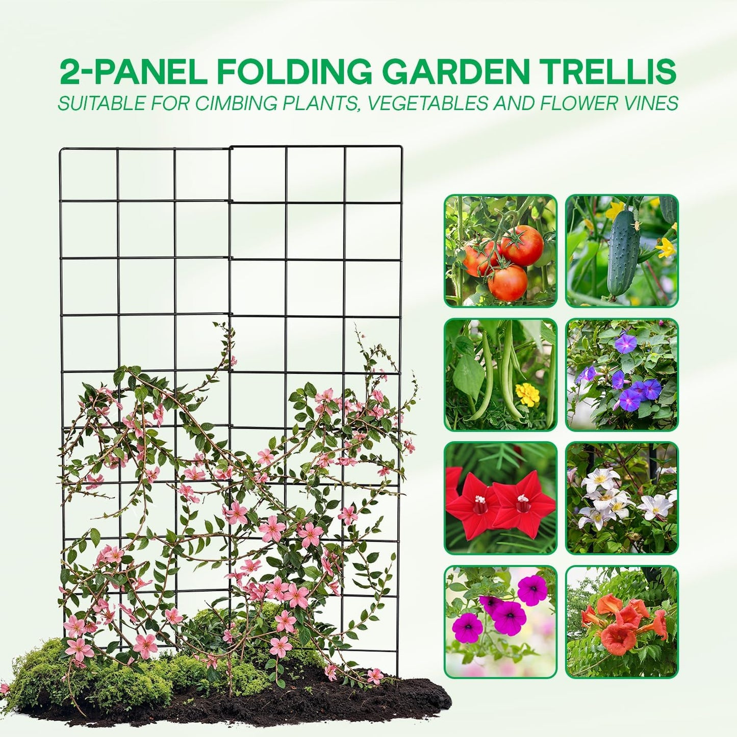IDZO 2-Panel Folding Trellis, Basic Metal Decoration Trellis for Climbing Plants Outdoor, Tall Metal Plant Trellis with Steel Frame, Panel Trellis Garden Lattice for Vines & Vegetables