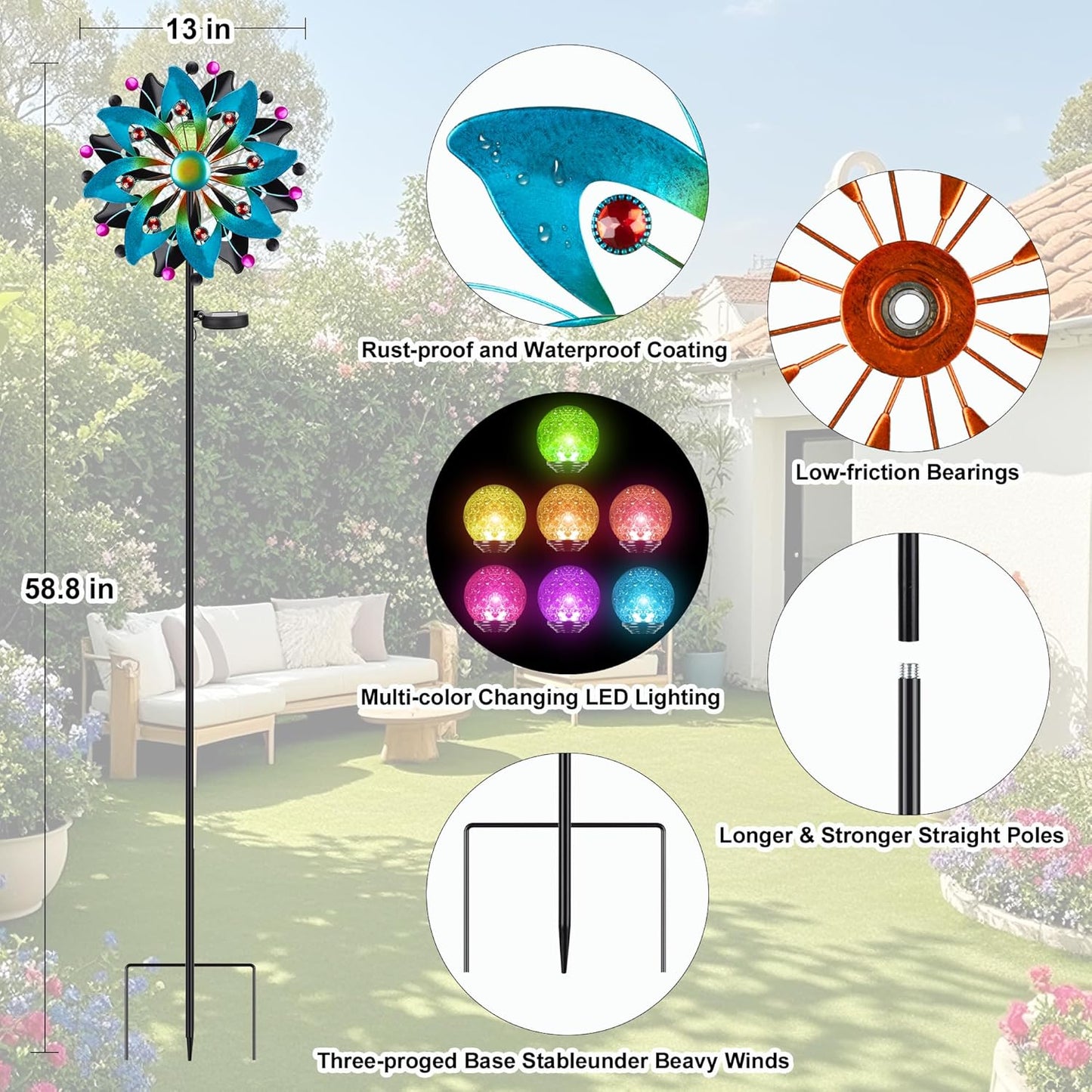 Solar Wind Spinners Outdoor - 58.8 inch Large Metal Kinetic Art Wind Sculptures Solar-Powered Multi-Color Lights Glass Ball with 360° Swivel Waterproof Windmill for Yard Garden Patio Lawn Decor