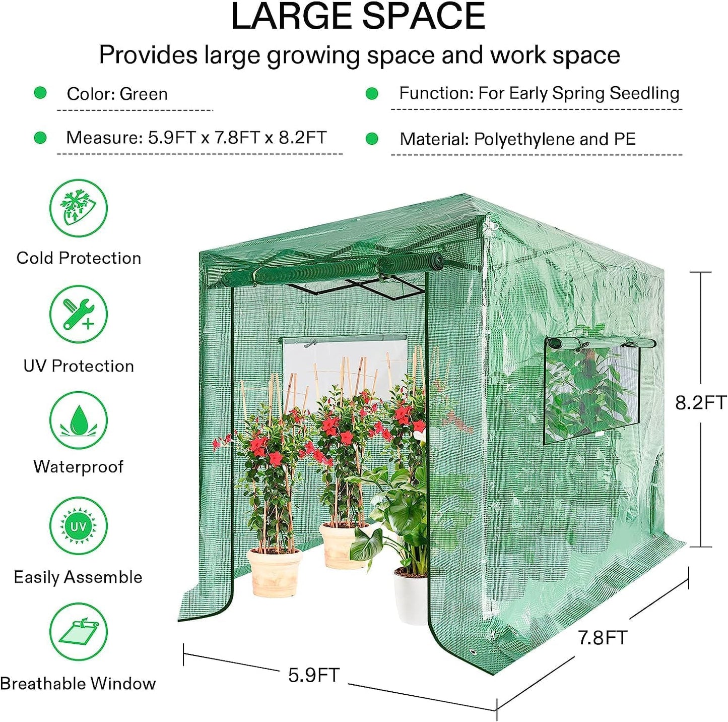 VIVOSUN 8'x6' Portable Walk-in Greenhouse with PE Cover, Instant Pop-up and Walk-in Folding, Roll-Up Zipper Entry Doors and 2-Side Viewing Windows, Easy Setup for Plants Outdoor