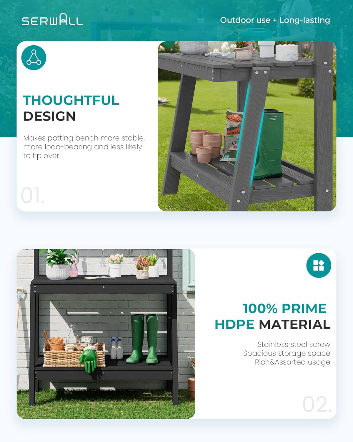 SERWALL Potting Bench Outdoor with Storage, 3-Tier HDPE Gardening Table with Angled Legs & Tool Hooks, All-Weather Heavy Duty Potting Table for Patio, Backyard, Garden, Black