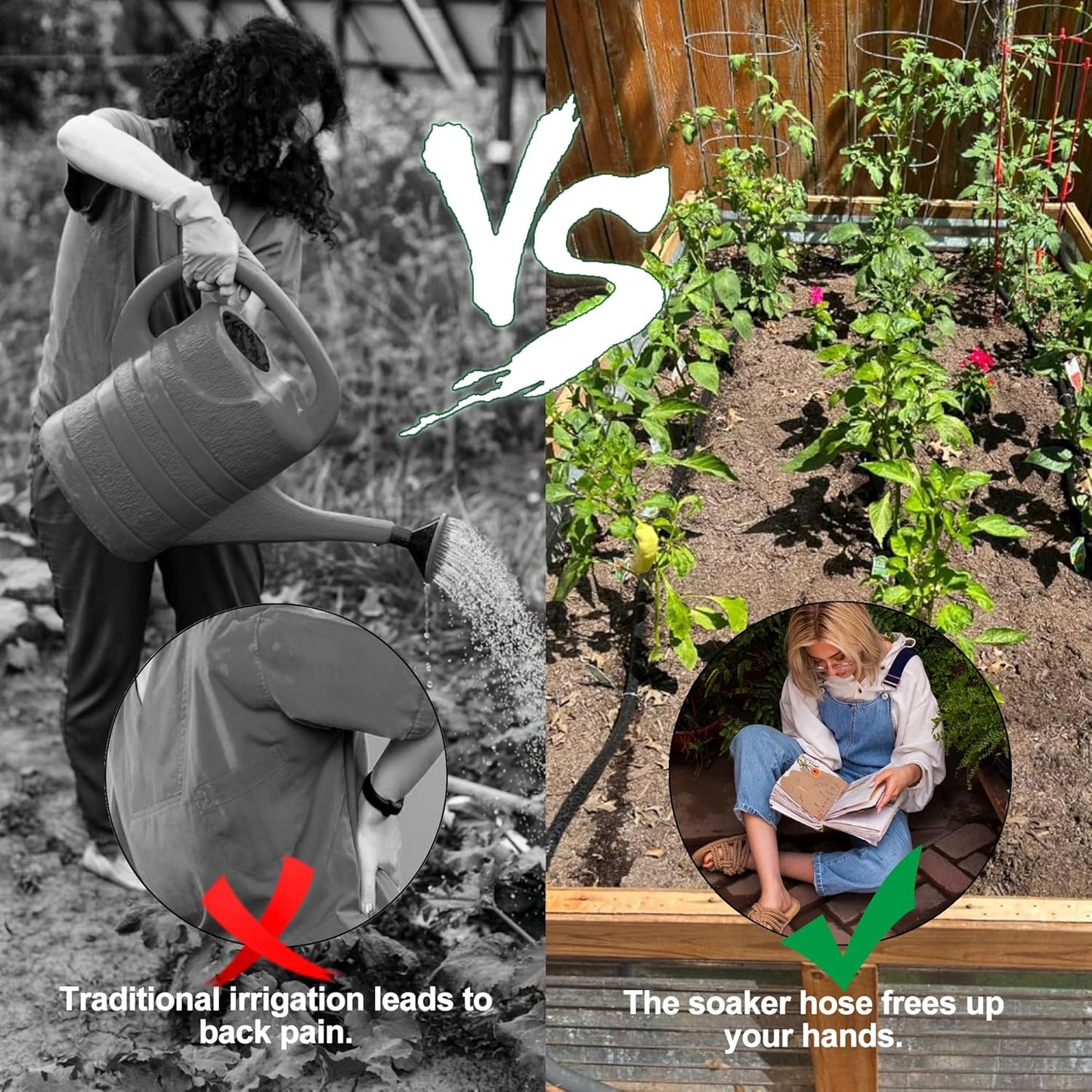 Customizable Soaker Hose System, 1/2inch 50ft Rubber Hose with 25ft PVC Garden Hose, Drip Irrigation Watering Hose with Reinforced Fittings for Flowers Bed Foundation, Lawn, Vegetable, Tree