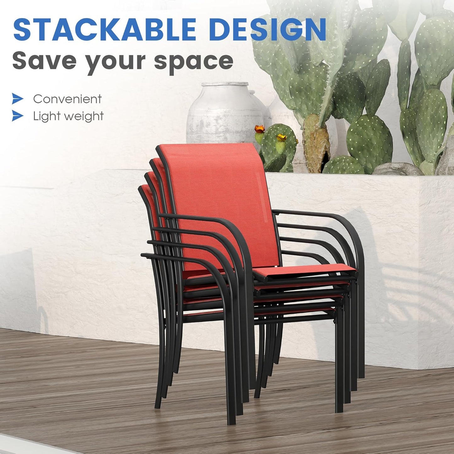 VICLLAX Patio Dining Set for 4, Outdoor Furniture Set Includes 1 Square Patio Table and 4 Stacking Patio Sling Chairs, Black Tabletop and Red Fabric