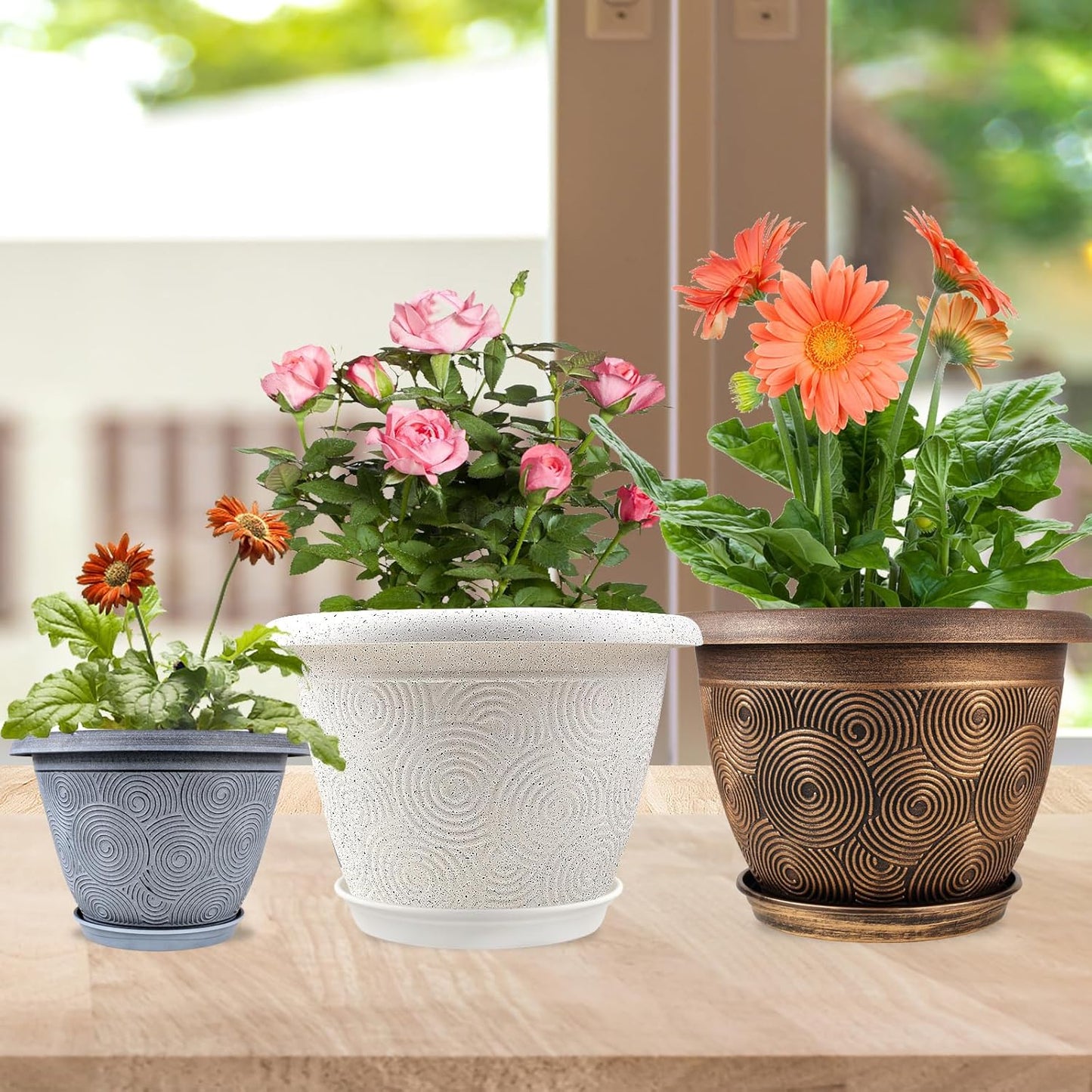 12 Inch Large Planter Pot for Plants Indoor Outdoor, 4 Pack Plastic Flower Pots with Drainage Hole & Tray, Modern Decorative Garden Pot with Saucer, Plant Container for House
