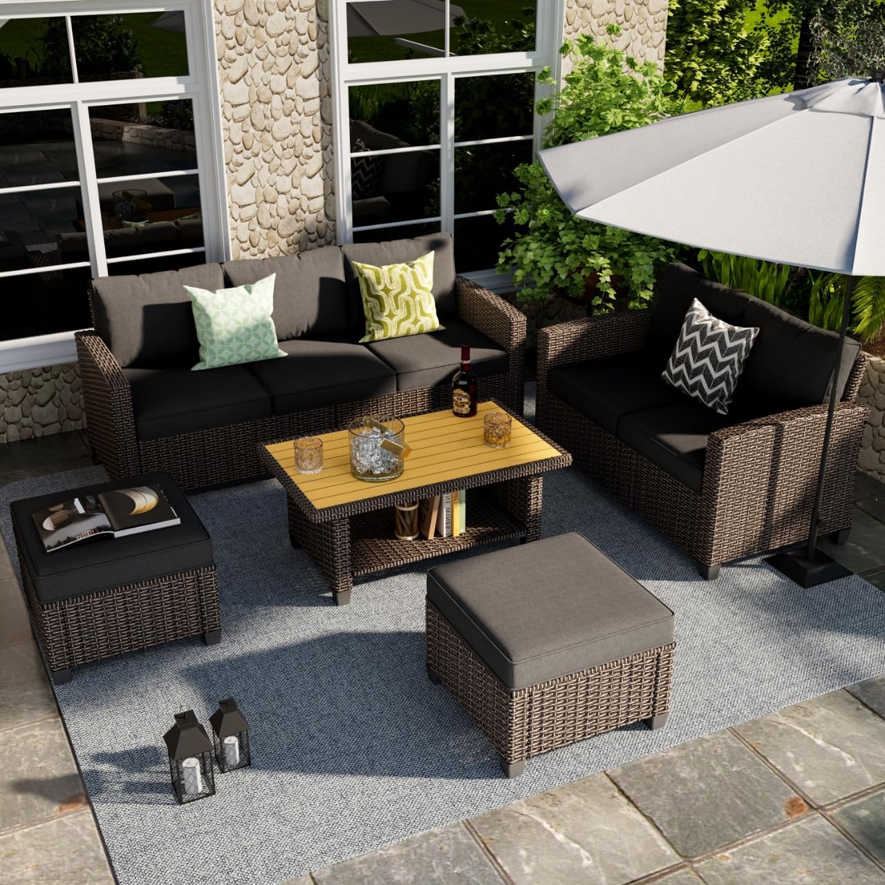 Outdoor Patio Sectional Sofa Set, 4-Piece Rattan Furniture, Patio Conversation Sets with Table Ottomans, Seats 5, Dark Grey