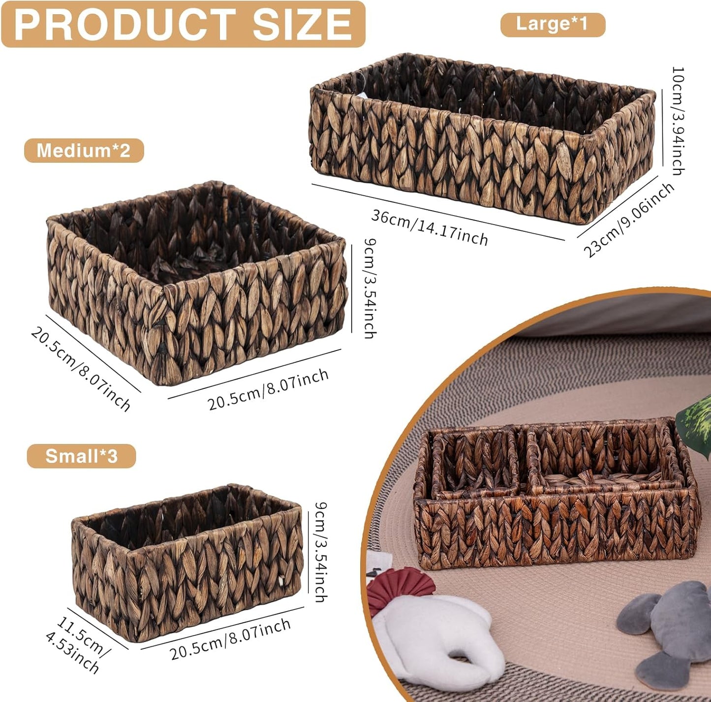 Handwoven Wicker Storage Baskets Set, Natural water hyacinth & Iron Frame | Triple Sizes (Small, Medium, Large) for Home Organizing, Bathroom, Shelves | Woven Baskets for Storage & Decor (Dark Brown)