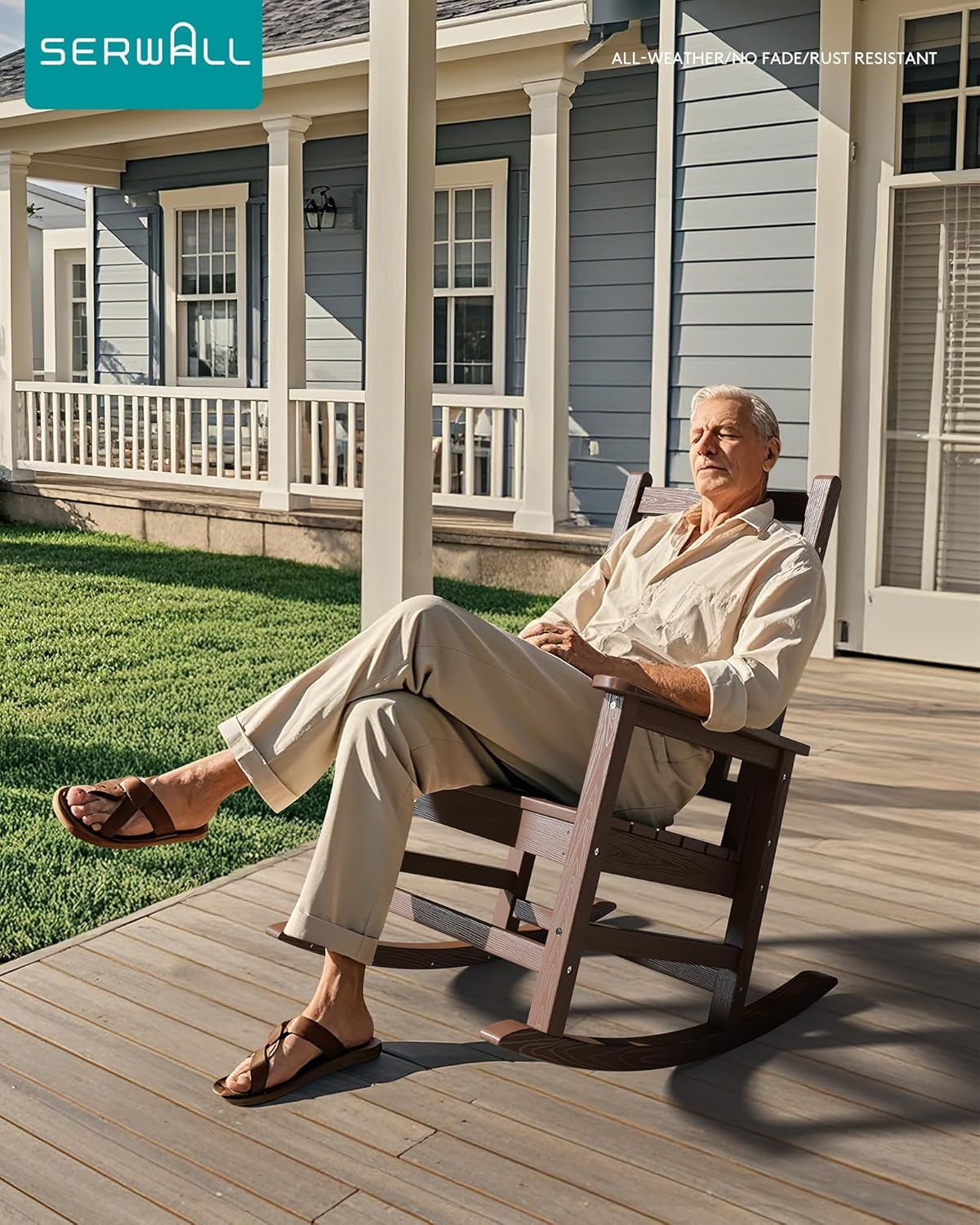 SERWALL HDPE Outdoor Rocking Chair Set of 6, Patio Rocking Chairs for Adults, All Weather Outdoor Rockers for Lawn, Brown